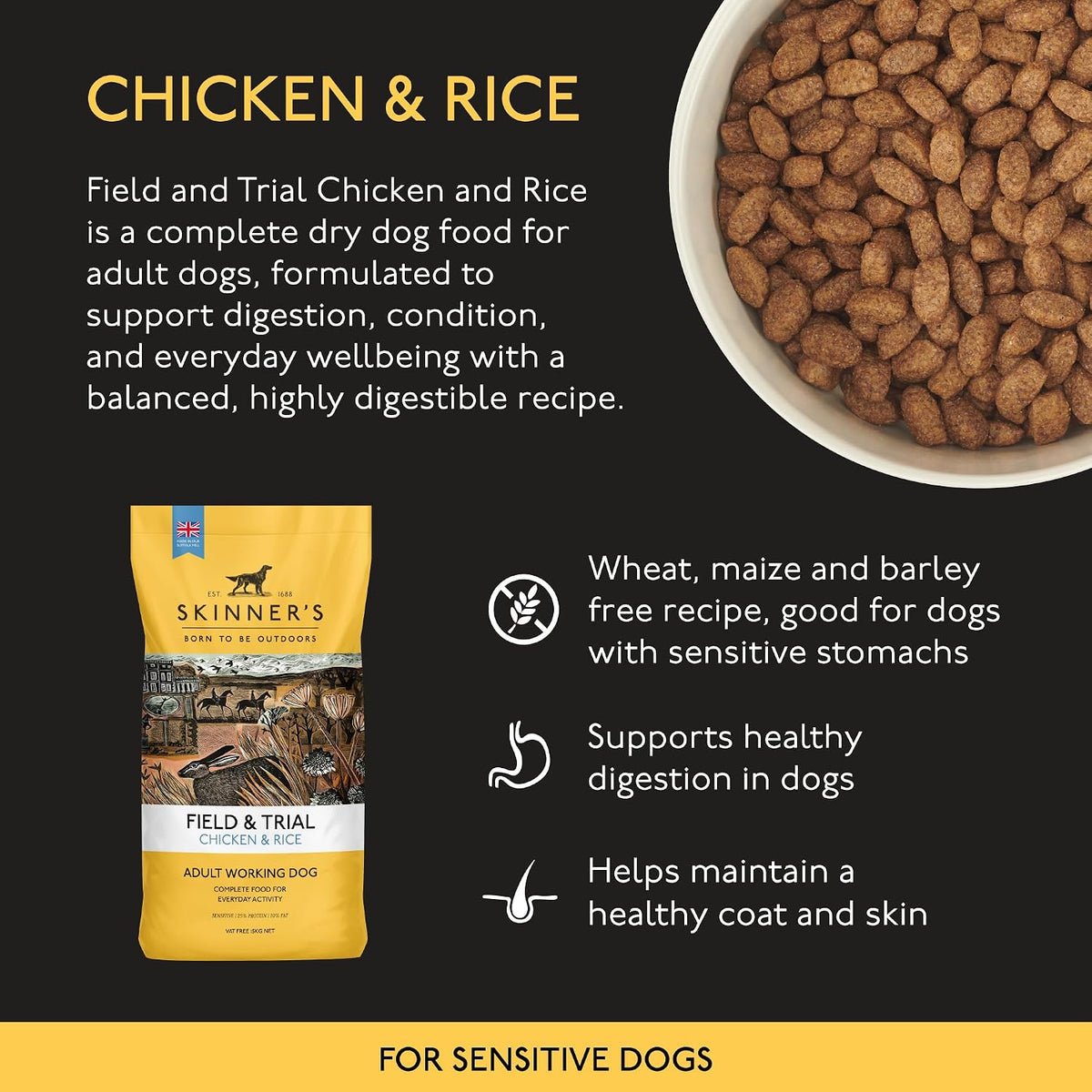 Skinner’s Field & Trial Chicken & Rice – Complete Dry Adult Dog Food, Sensitive, Gentle Digestion, 15kg