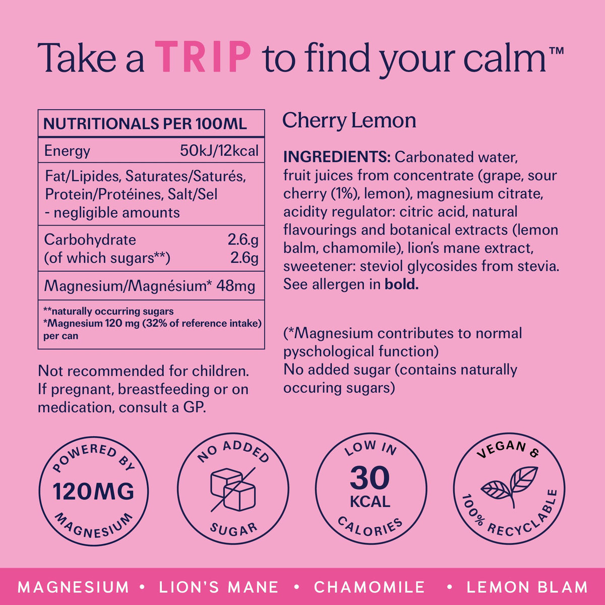 TRIP Cucumber Mint Sparkling drink with 120MG calming Magnesium + Lion’s Mane + Chamomile + Lemon Balm. Low Calorie and Vegan (Pack of 12 x 250ml) - Packaging Might Vary