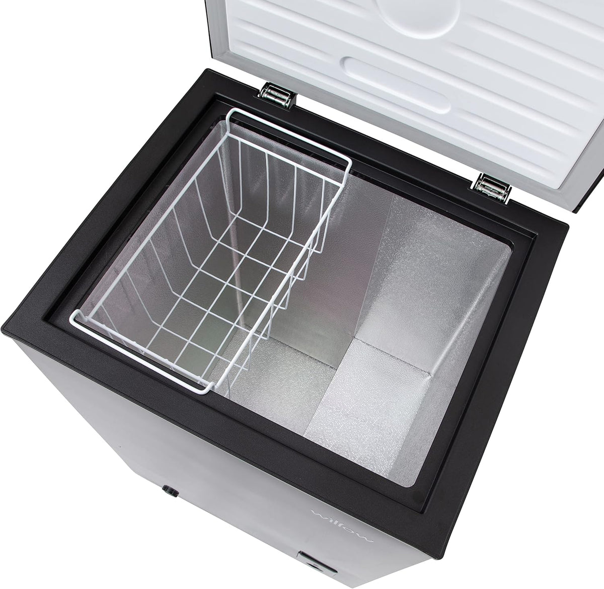 Willow W99CFB Freestanding 99L Chest Freezer with Removable Storage Basket, Suitable for Outbuildings and Garages, 4* Freezer Rating - Black