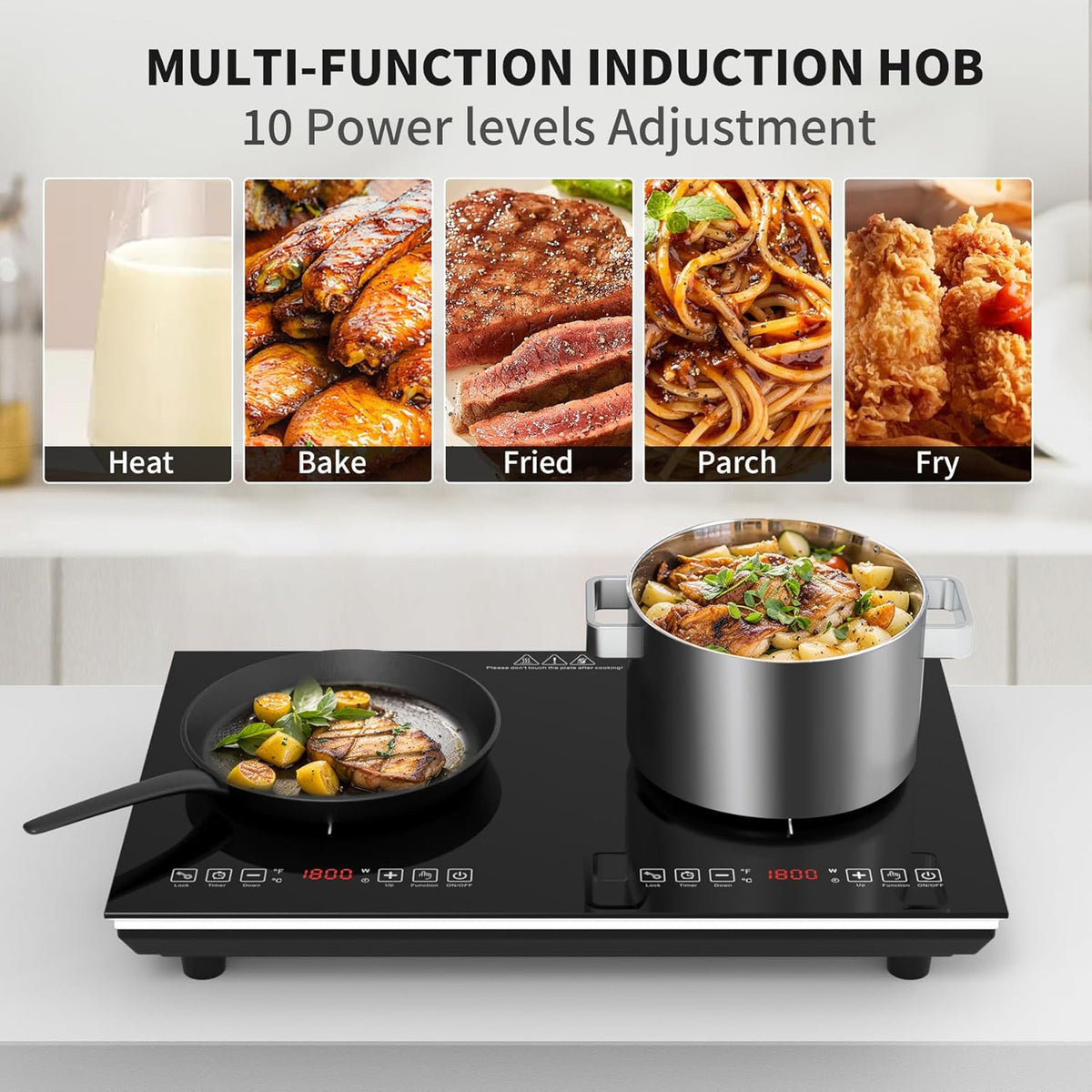 VBGK Double Electric Hob, 220V 3600W Ceramic Hob with Handle, Electric Hot Plate with 9 Power Levels, Child Safety Lock, Timer,Knob and Touch Control, 2 Burner Cooktop