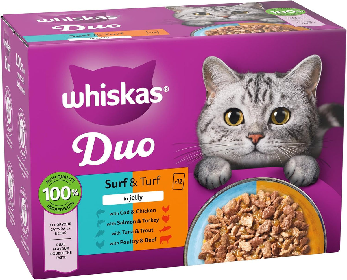 WHISKAS DUO Adult Wet Cat Food in Jelly 12x85g Surf & Turf (Pack of 4)