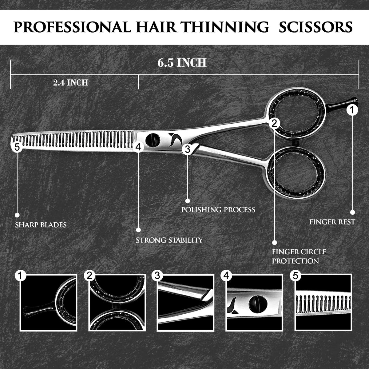 Candure Hairdressing Scissor with Comb & Leather Pouch 6.5" - Hair Scissor for Professional Hairdressers, Barbers Stainless Steel Hair Cutting Shears for Salon, Men, Women, Children and Adults Black