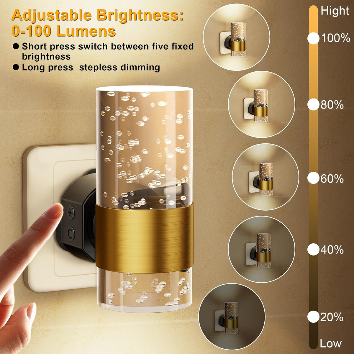 Night Light Plug in Wall with Dusk to Dawn Sensor Modern 2 Pack Gold