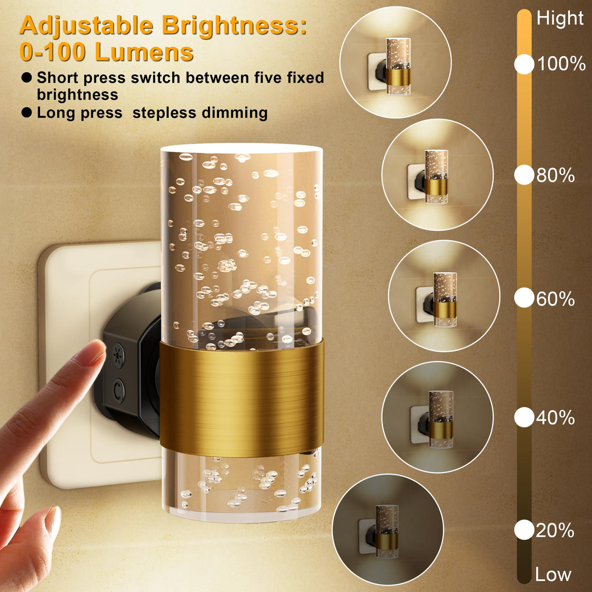 Night Light Plug in Wall with Dusk to Dawn Sensor Modern 2 Pack Gold