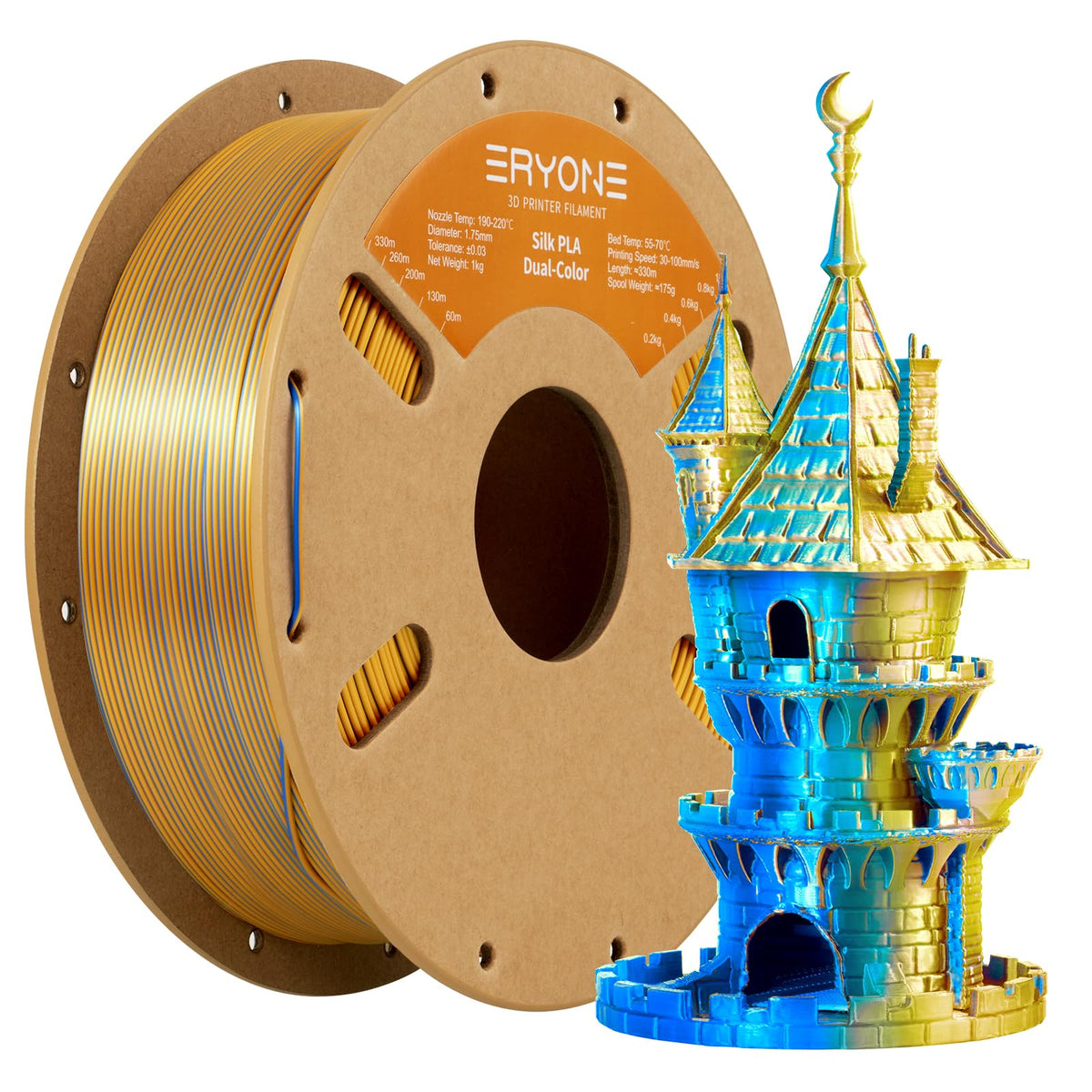 ERYONE Silk PLA Filament 1.75mm,3D Printer Filament PLA,Shiny Glossy PLA Filament,+/-0.03mm,1kg(2.2lbs)/Spool,Silk Liquid Gold