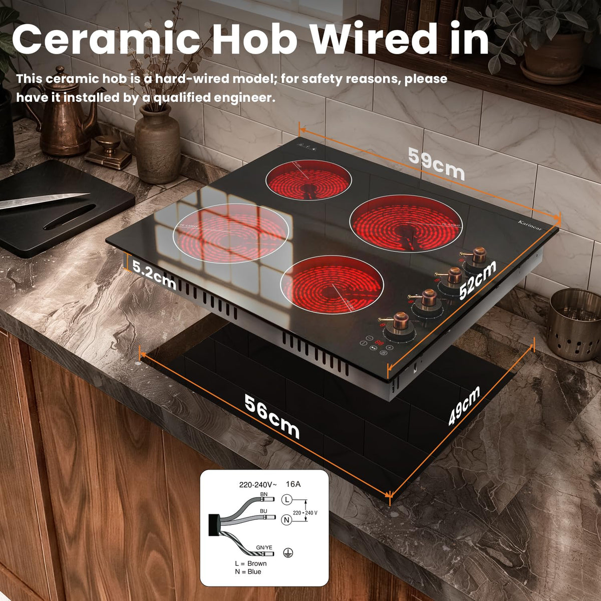 Karinear Electric Ceramic Hob 60cm 4 Zones with Built-in Extractor Hood
