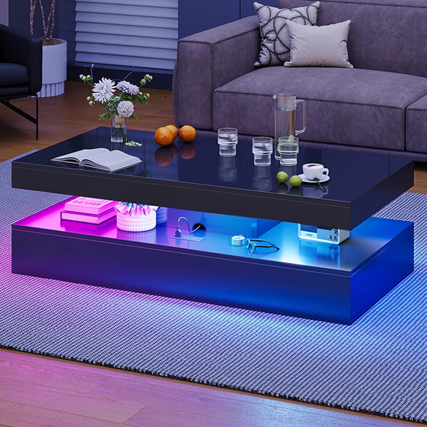 Modern Coffee Table with LED Lights, 2 Drawer Storage, Wooden Coffee Table with Charging Station, USB Ports & Power Outlet, Rectangle Coffee End Table for Home, Office & Living Room - Black