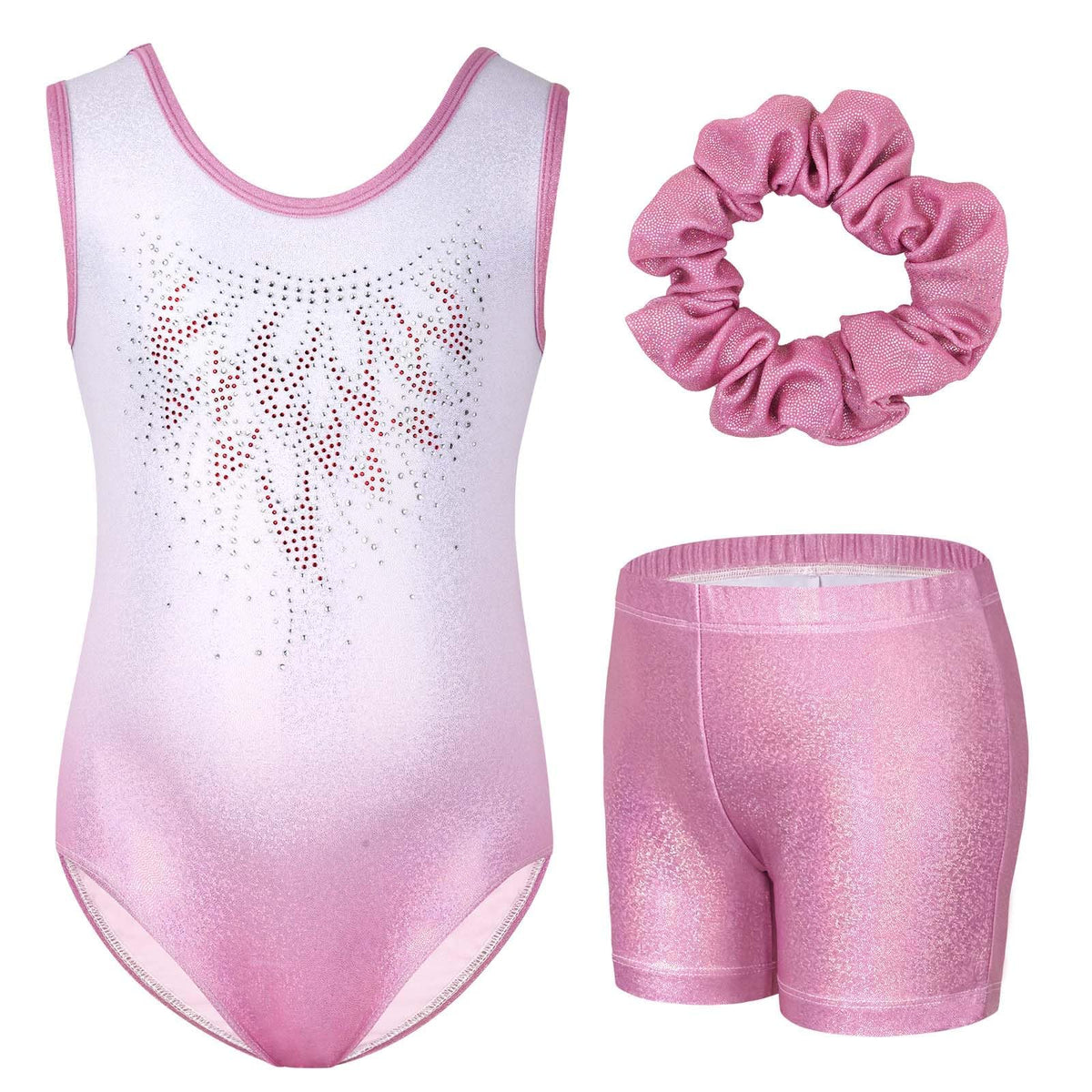 Gogokids Girls' Three-Piece Gymnastics Set, Sleeveless Leotards with Shorts and Hairband, Sparkling Ballet Dancing Unitards - Gymnastics Outfit with Gradient Color Design for 3-12 Years
