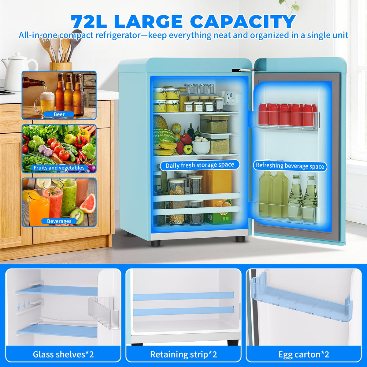 Retro Mini Fridge, 72L Compact Refrigerator, 43dB Quiet Operation, Adjustable 7-Temp Control, with LED Light, for Bedroom, Office, Kitchen & RV