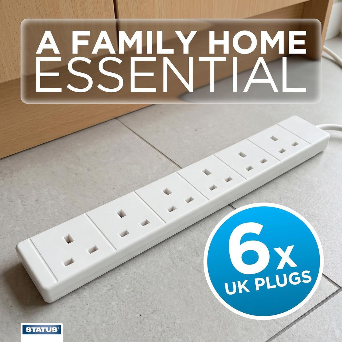 STATUS 6 Socket Extension Lead, 2m Multi-Plug Power Strip for Home, Office or Gaming Set-ups, White (S6W2MS12)