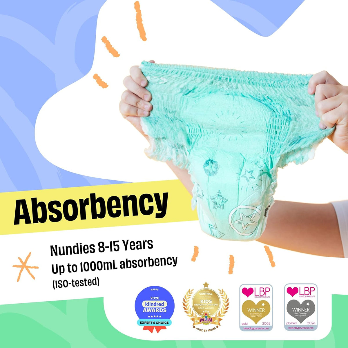 Youth Pants – Disposable Nappy Pants for Kids & Teens, Day & Night Leak Protection, Odour Control, Soft Slim Fit Underwear for Boys & Girls - Large (8–15 Years) - 12 Pack