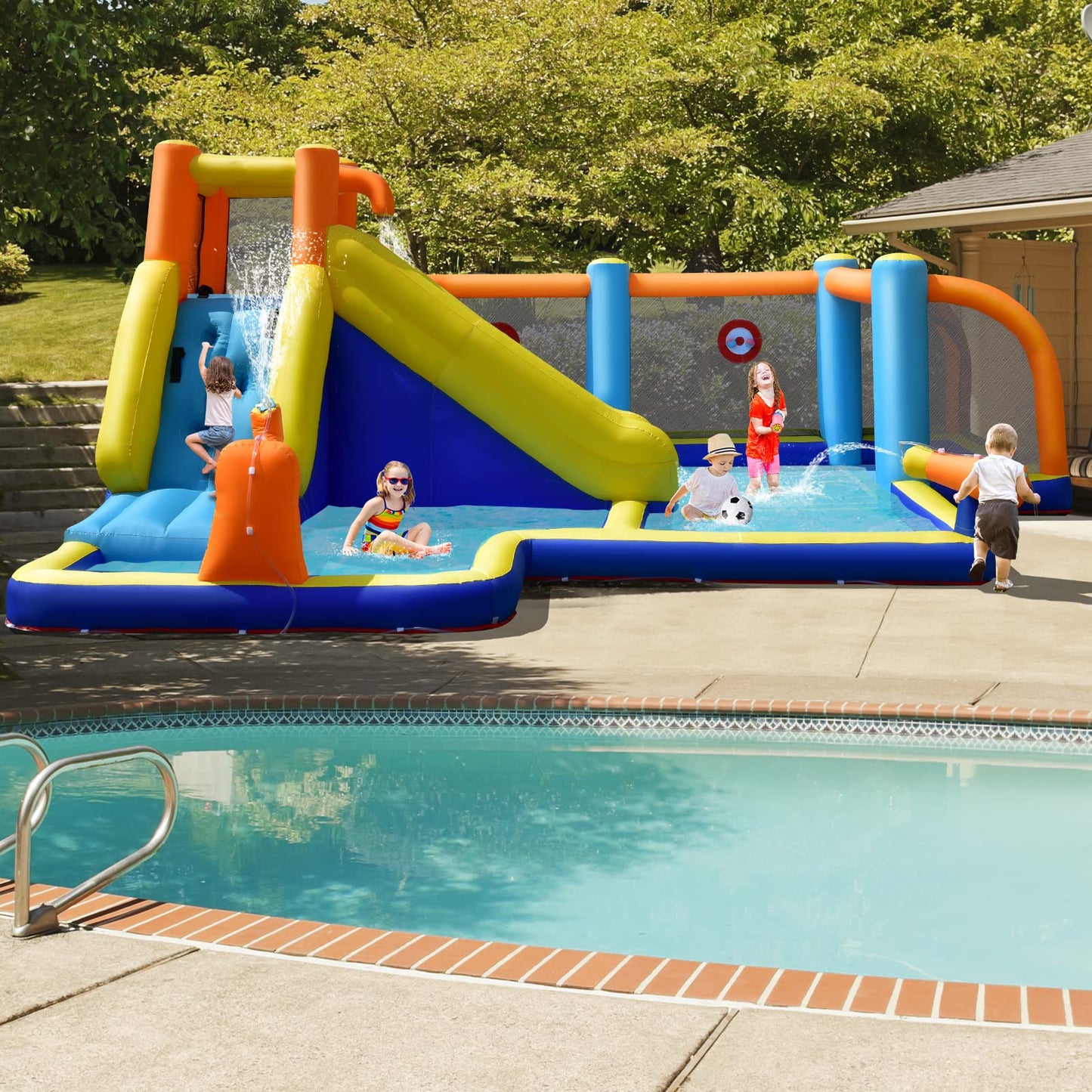 COSTWAY 5-in-1 Inflatable Water Park with Slide, Bouncy Castle, Football Field & Pool — Ages 3-12