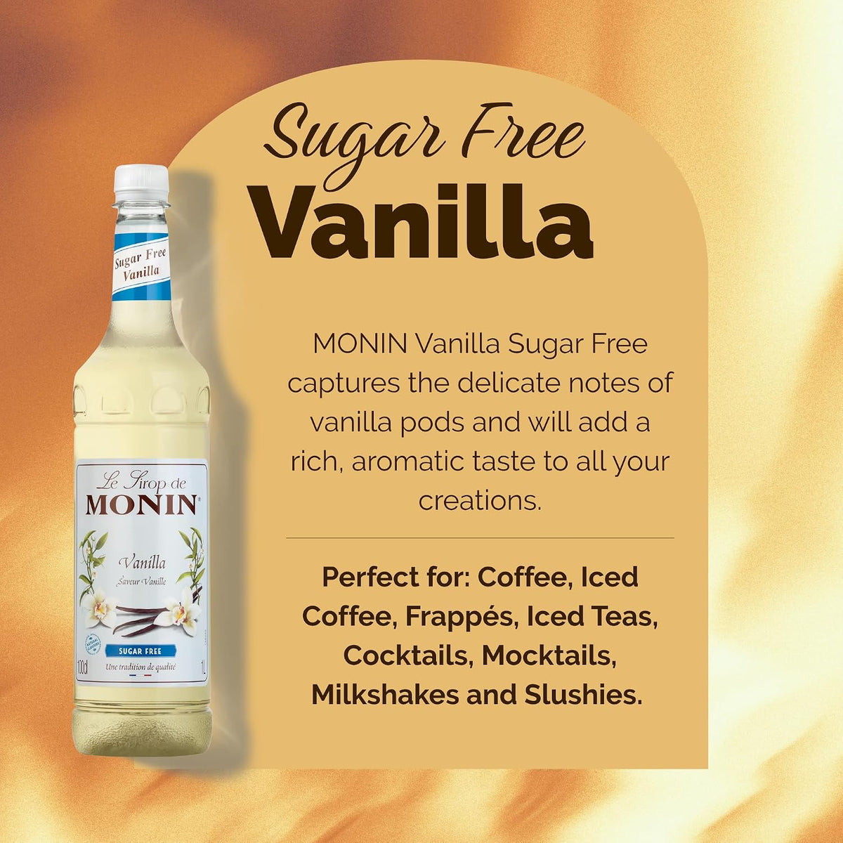 Monin Premium Vanilla Sugar Free Syrup 1L For Coffee And Cocktails. Vegan-Friendly, Allergen-Free, 100 Percent Natural Flavours And Colourings. Sugar-Free Vanilla Coffee Syrup