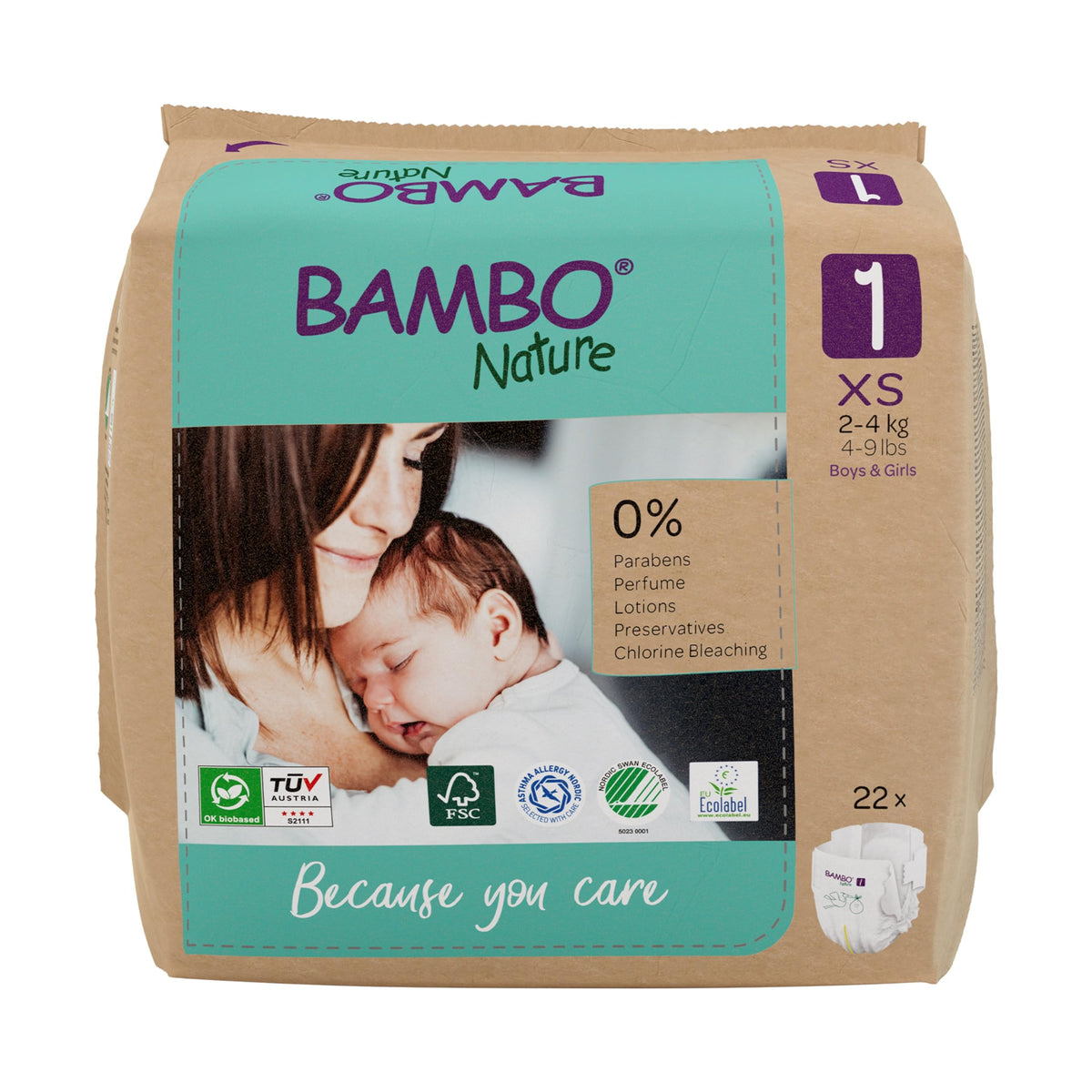 Bambo Nature Premium Eco Nappies, Premature Size 0 (2-7lb/1-3kg), XXS, Pack of 24, Eco-Labelled Nappies, Enhanced Leakage Protection, Secure and Comfortable Baby Nappy