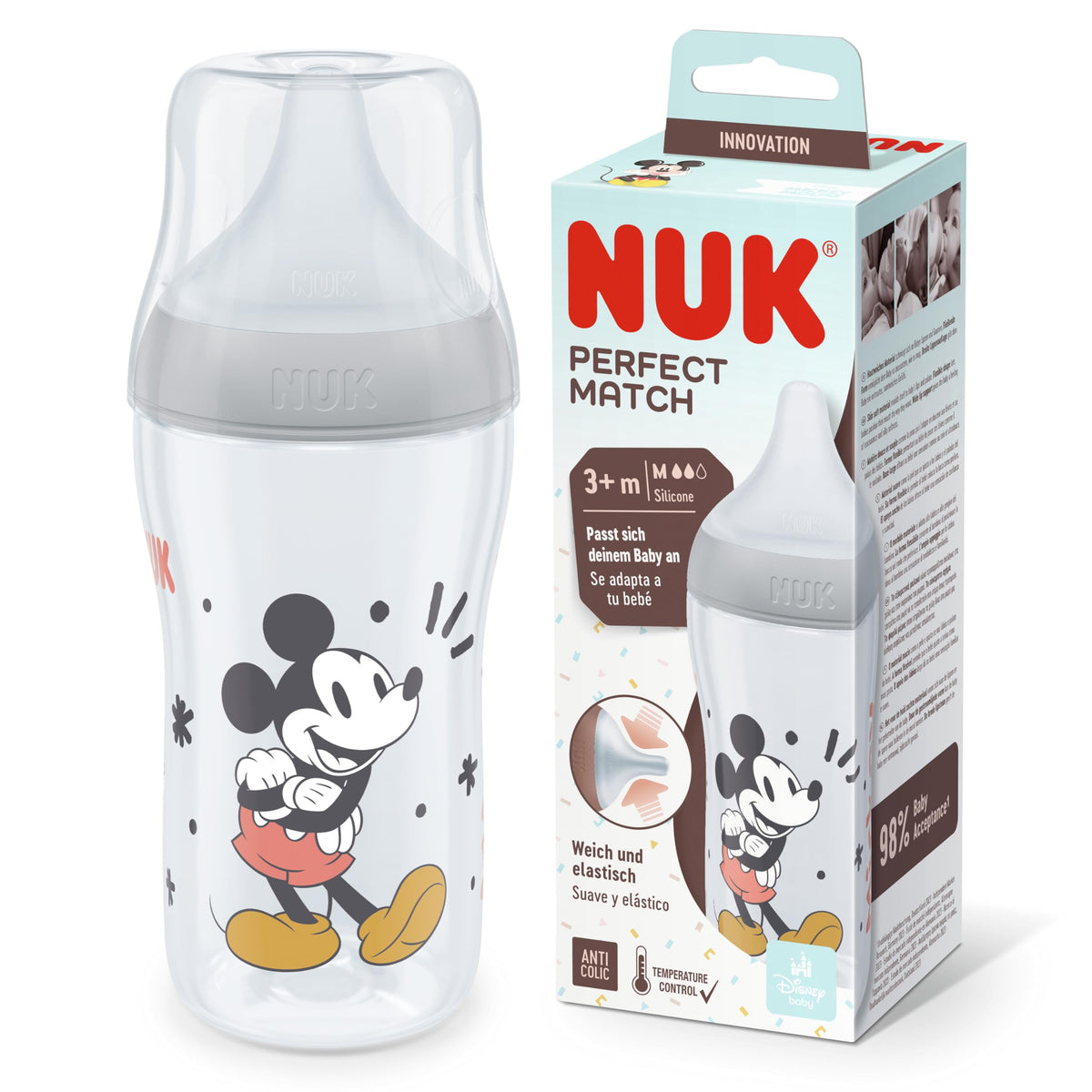 NUK Perfect Match Newborn Baby Bottle Set | 0+ Months | 150ml | Anti Colic Feeding Bottle | PP | Temperature Control Indicator | Rainbow | 4 Count
