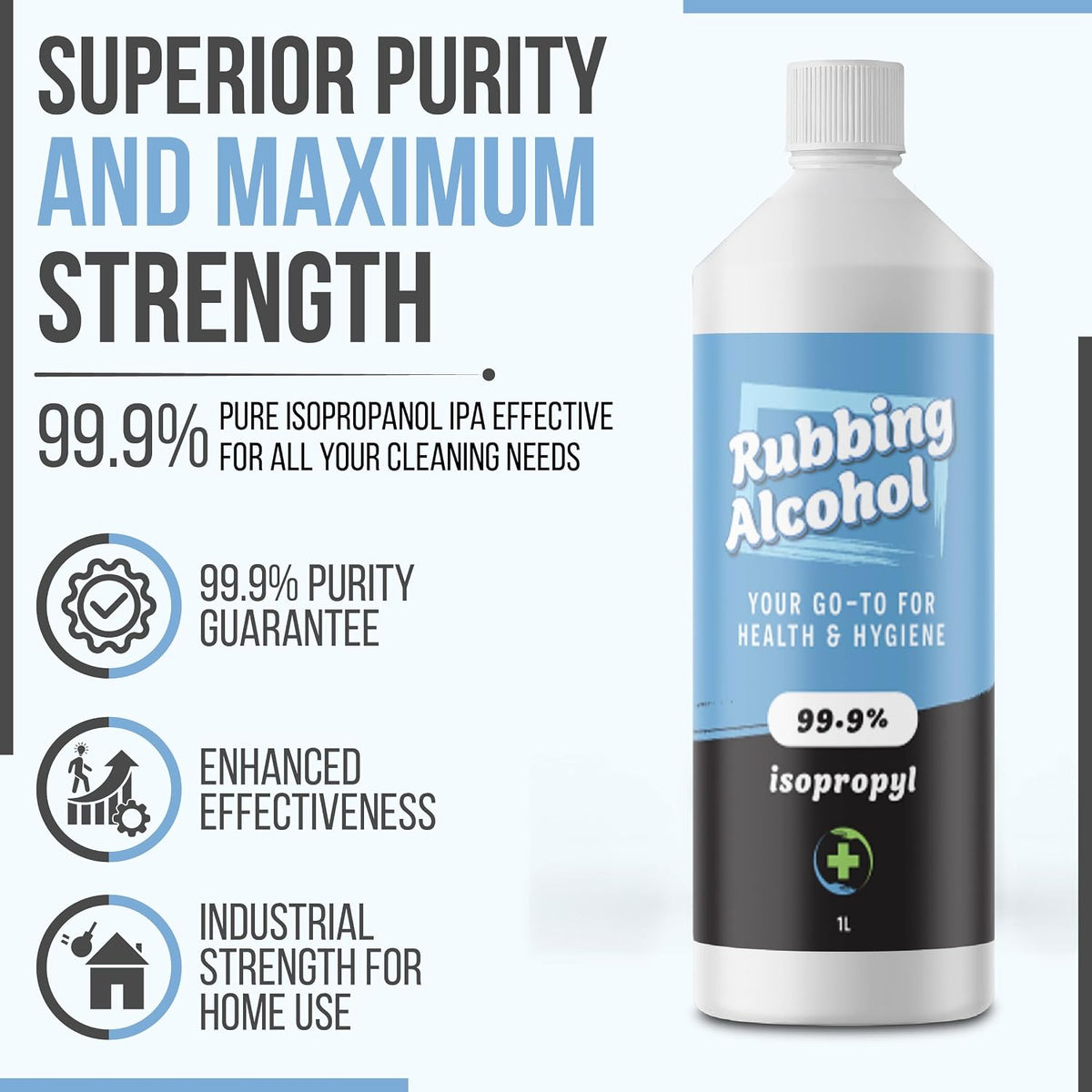 Rubbing Alcohol 1 Litre 99.9% Pure Isopropanol IPA for Cleaning, Disinfecting, Degreaser, Medical Use, Solvent for Electronics, Glass, De-icer, Painting