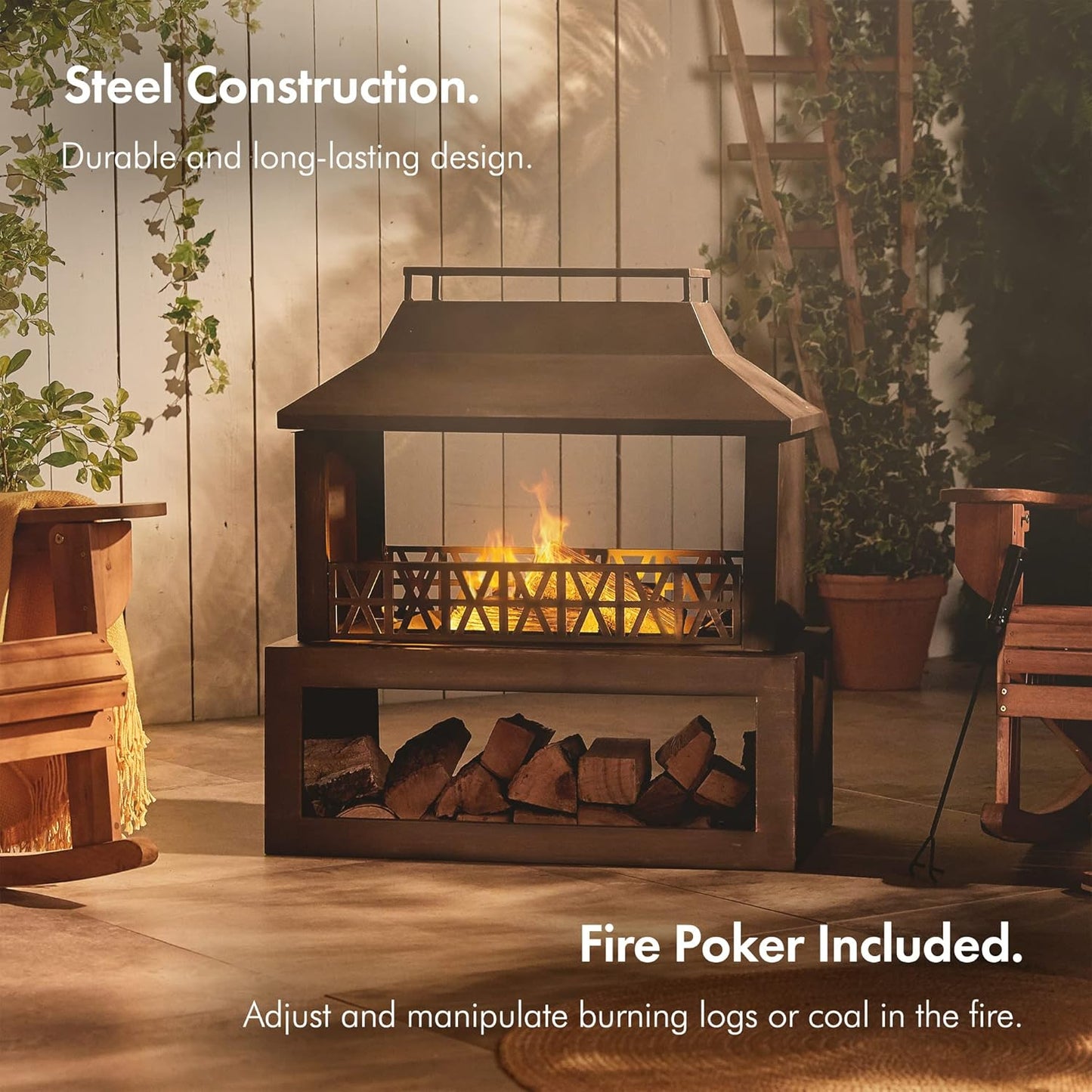 VonHaus Outdoor Fireplace, Fire Pit with Log/Wood Store for Garden, Patio, Fuel with Wood, Logs, Charcoal, Brushed Metallic Finish, Geometric Design, Steel, Weather Resistant, Includes Fire Poker