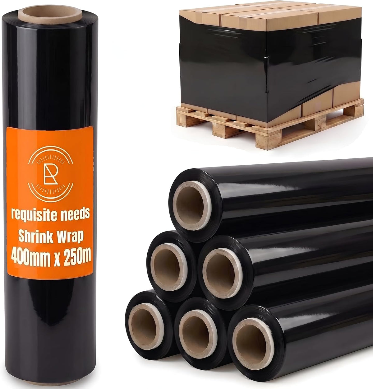 REQUISITE NEEDS Heavy Duty Stretch Film 400mm x 250m – Waterproof & Moisture Proof Pallet Wrap for Packaging, Moving & Storage (Black, 6)