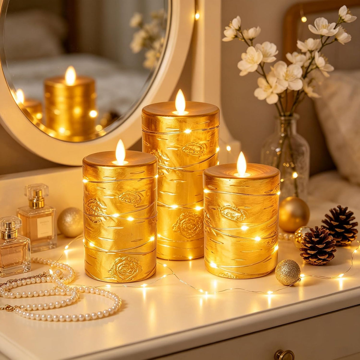 Da by 3 Pack Ivory Flameless LED Candles with Fairy Lights, Realistic Moving Flame Paraffin Wax Candles, Remote Control, Soft Warm Light, 8cm D x 12.5/14.5/16.5cm H, Indoor Wedding Home Decor
