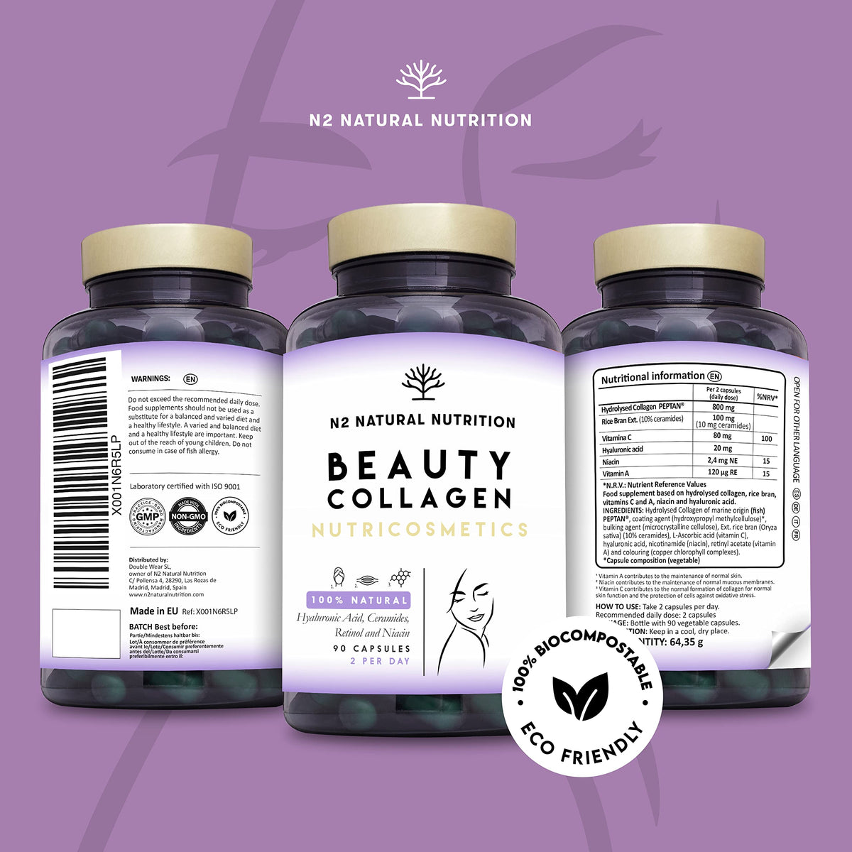 Multi Collagen 1650mg Type I, II, III, V, X. Bovine & Marine Collagen Peptides. 180 Capsules Enhanced with Vitamin C. High Strength Collagen for Joints, Hair and Skincare. N2 Natural Nutrition