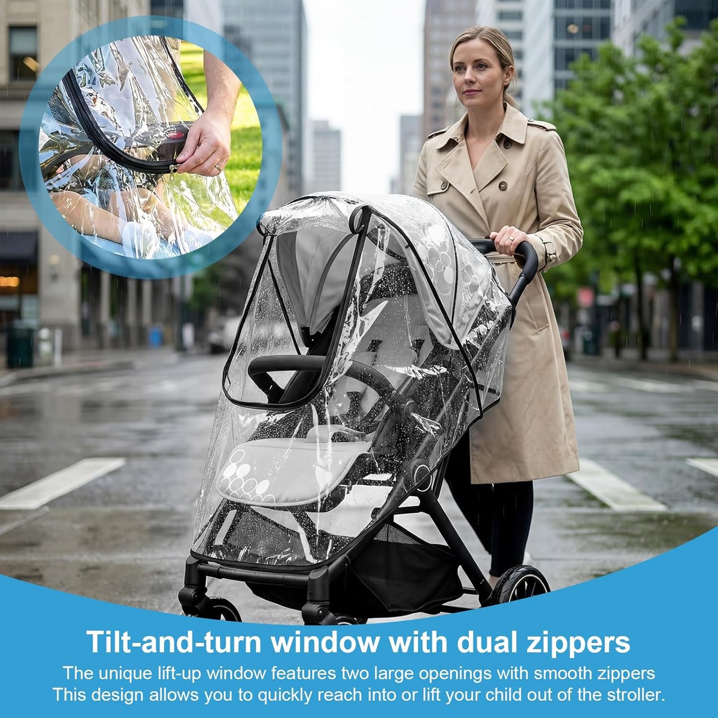 Universal Pushchair Rain Cover, Waterproof Breathable Pram Rain Cover with Lift-Up Window and Double Zippers,Fit for Most Pram Strollers
