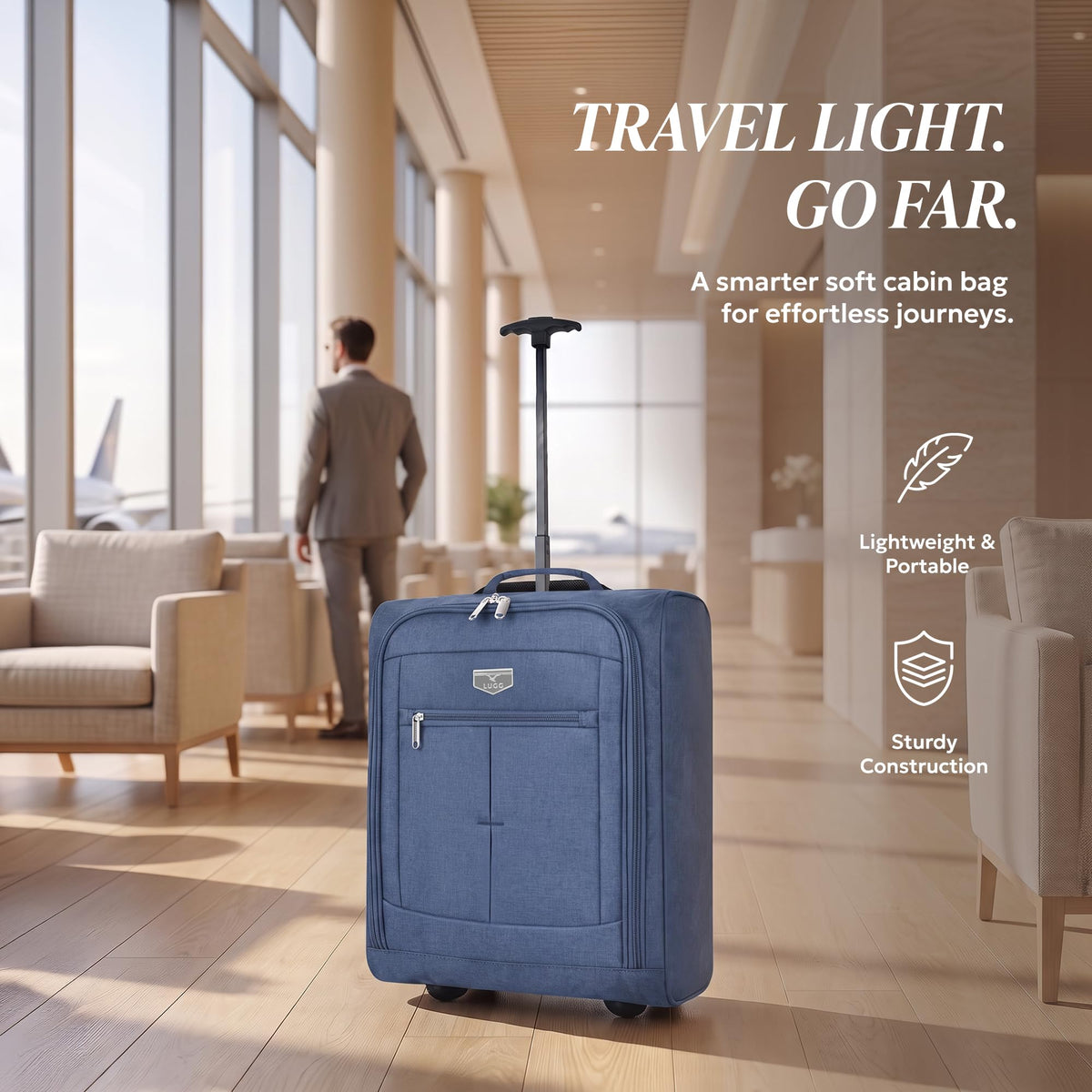 LUGG Lightweight Cabin Luggage, 600D Polyester, Solid Wheels, 45x36x20cm