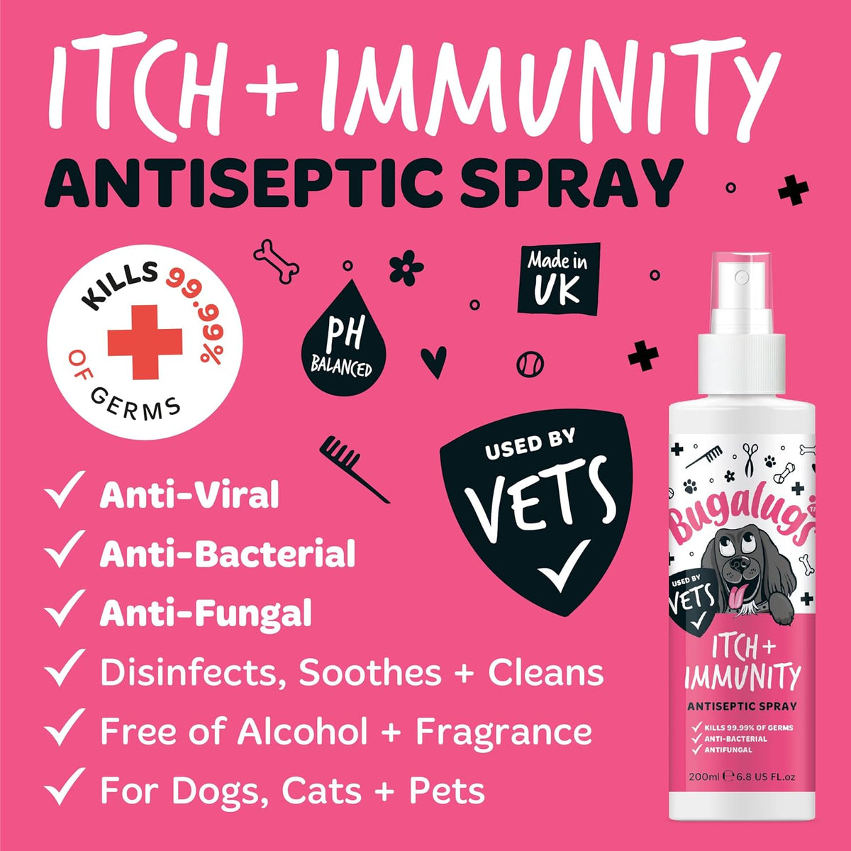 BUGALUGS Itch & Immunity Antiseptic Spray – Helps Soothe Itchy Skin, Paws, Ears - Licking, Scratching - Perfect for Small, Medium & Large Dogs