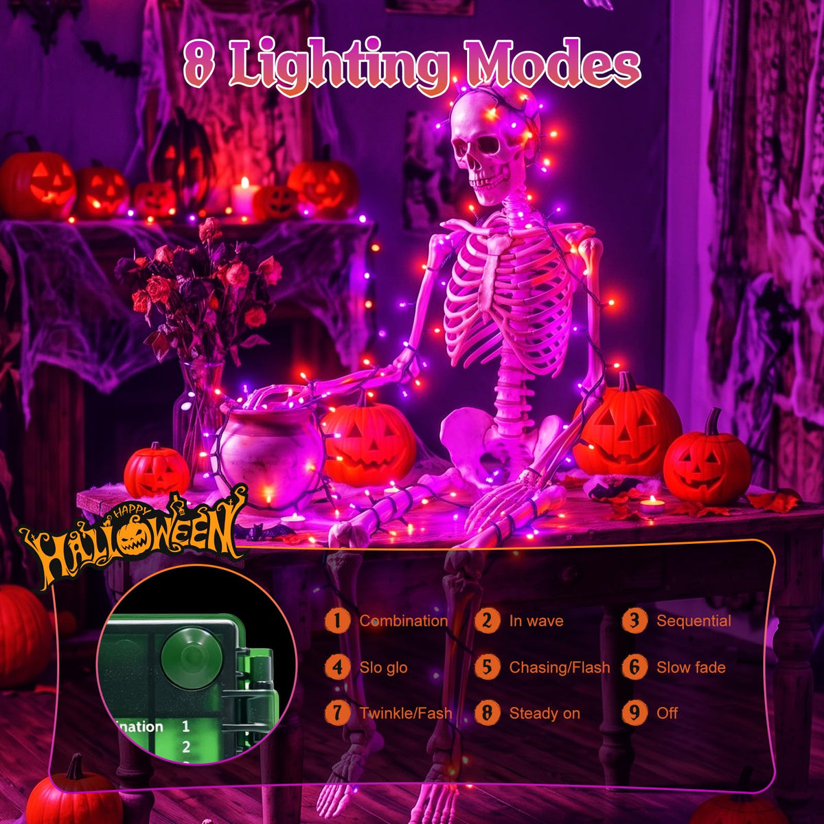 Halloween Lights Outdoor Remote,Orange Purple Fairy Light Battery Operated