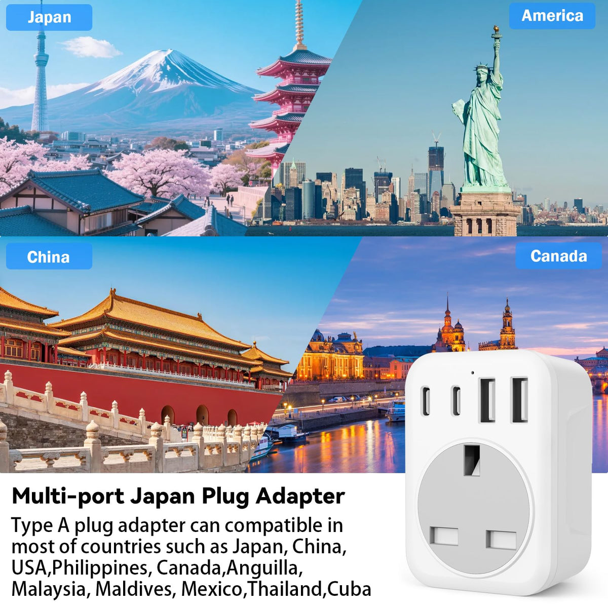 UK To European Plug Adapter,5 IN 1 European Travel Adaptor with 2 USB C & 2 USB A,Grounded EU Plug Adapter for Germany Spain France Turkey Greece etc (Type E/F)