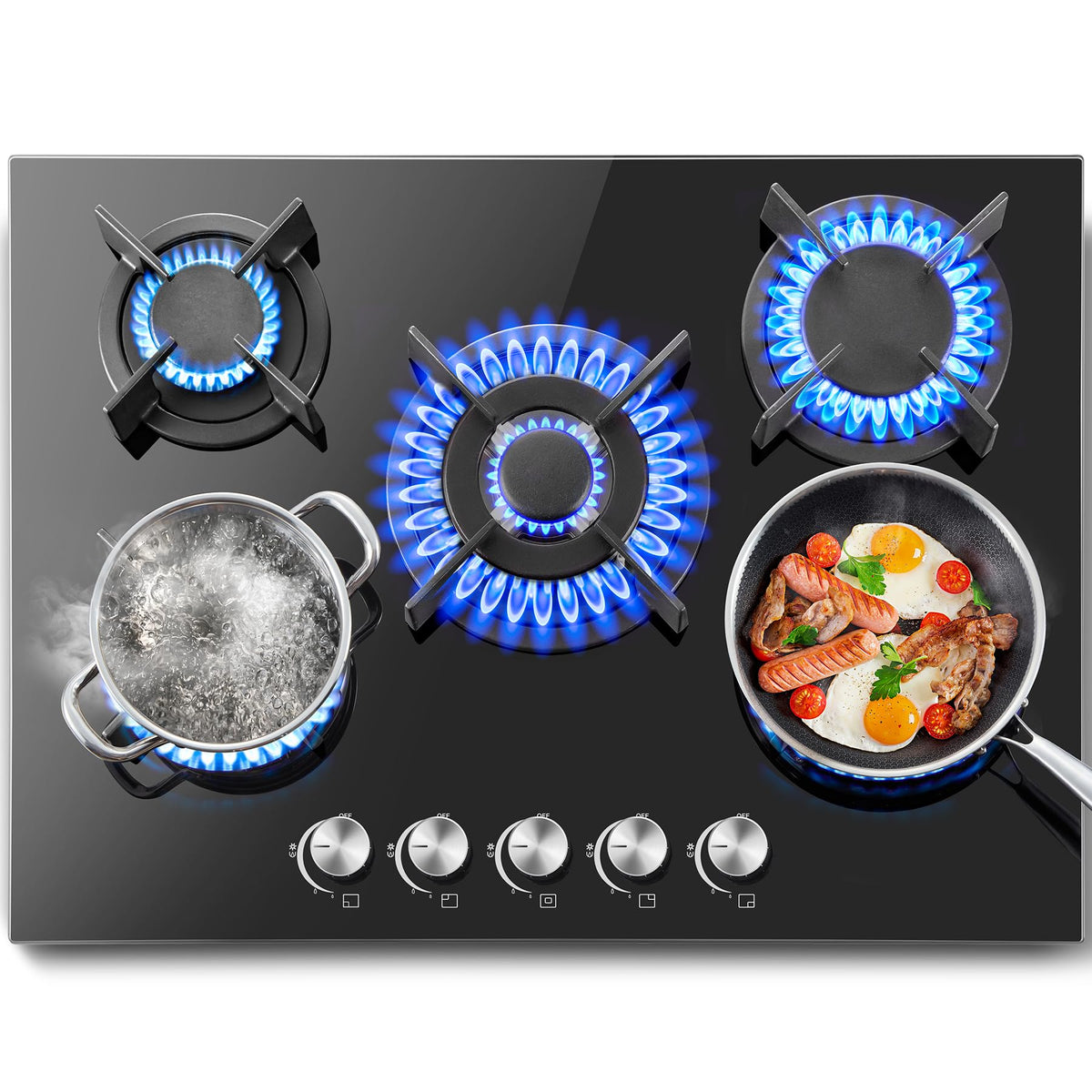 SNDOAS Gas Hob 4 Burners, NG/LPG Convertible, Built-in Black Glass Gas Hob with Wok Burner, Flame Failure Protection, 8000W, YYUKGCT-B04