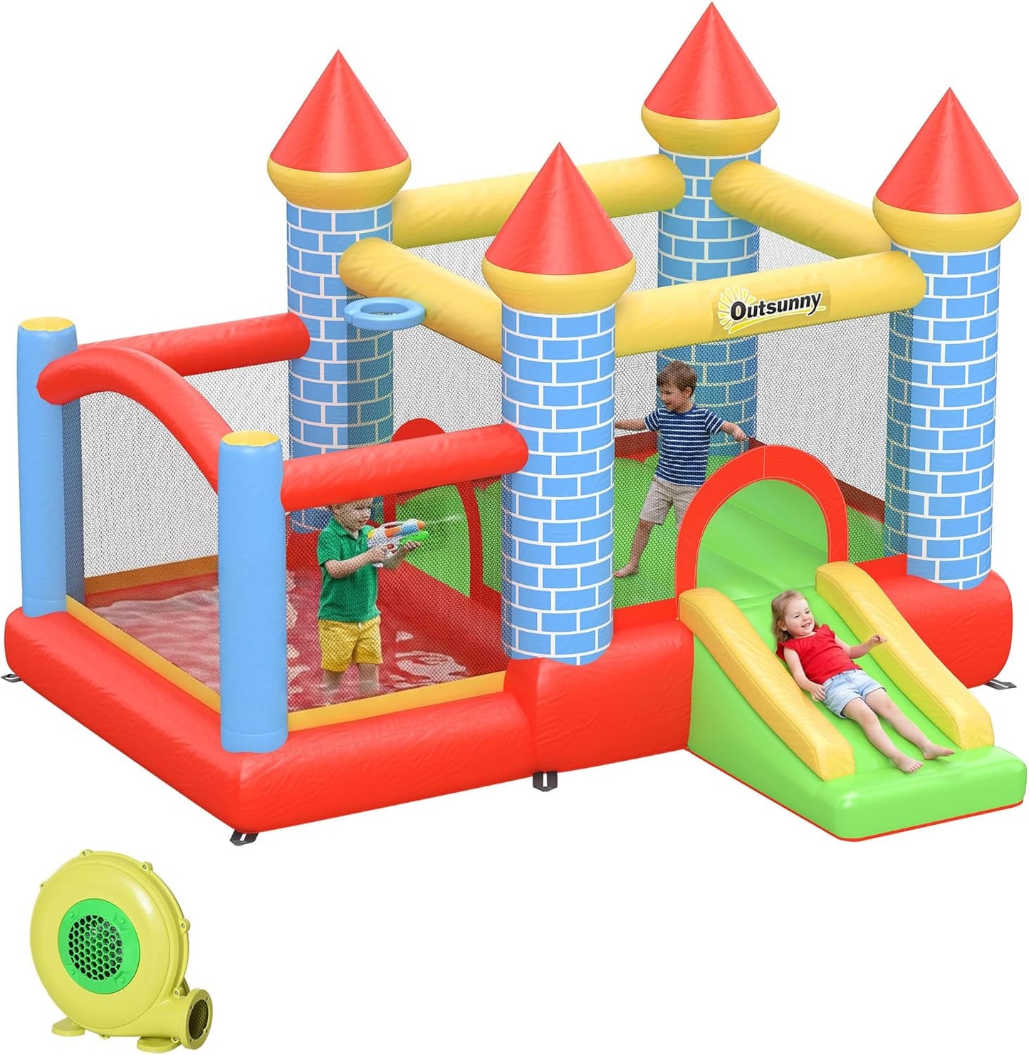 Outsunny 4-in-1 Kids Bouncy Castle with Slide, Pool, Trampoline & Basketball Hoop — Ages 3-8