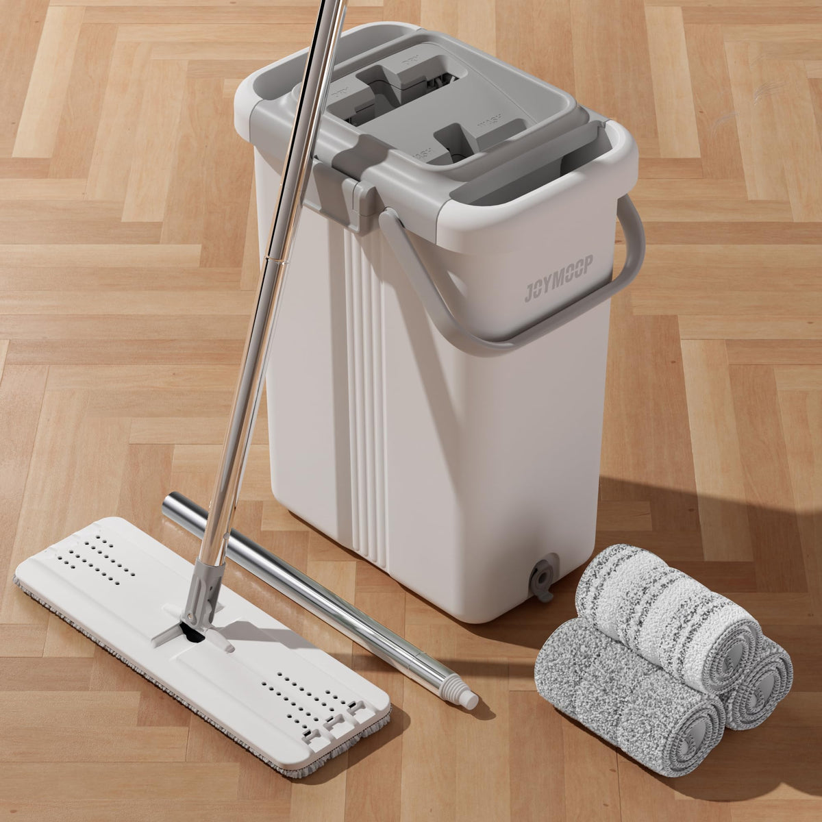 JOYMOOP Mop and Bucket with Wringer Set, Hands Free Flat Floor Mop and Bucket, with 3 Washable Microfiber Pads, Wet and Dry Use, Floor Cleaning System