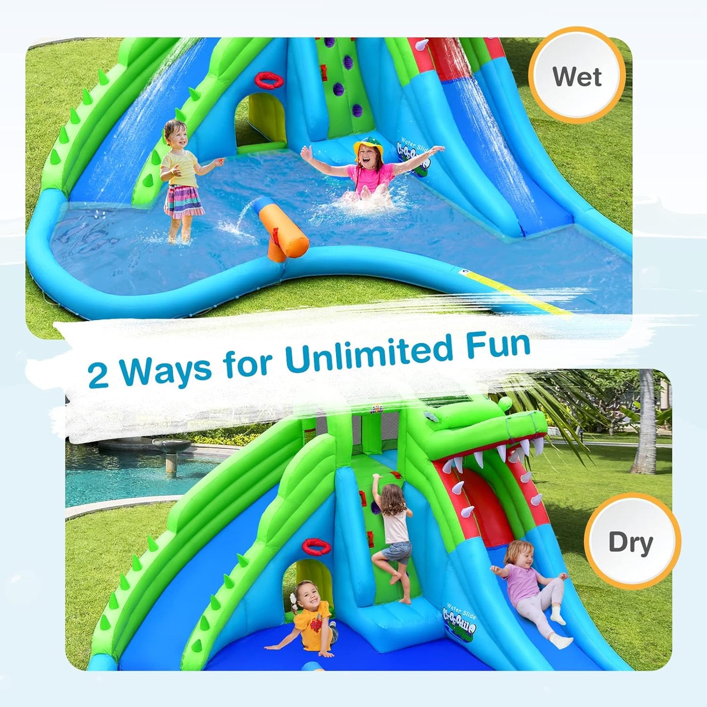 COSTWAY Giant Inflatable Water Park with Dual Slides, Climbing Wall & Pool — 558x504cm | Ages 3-12