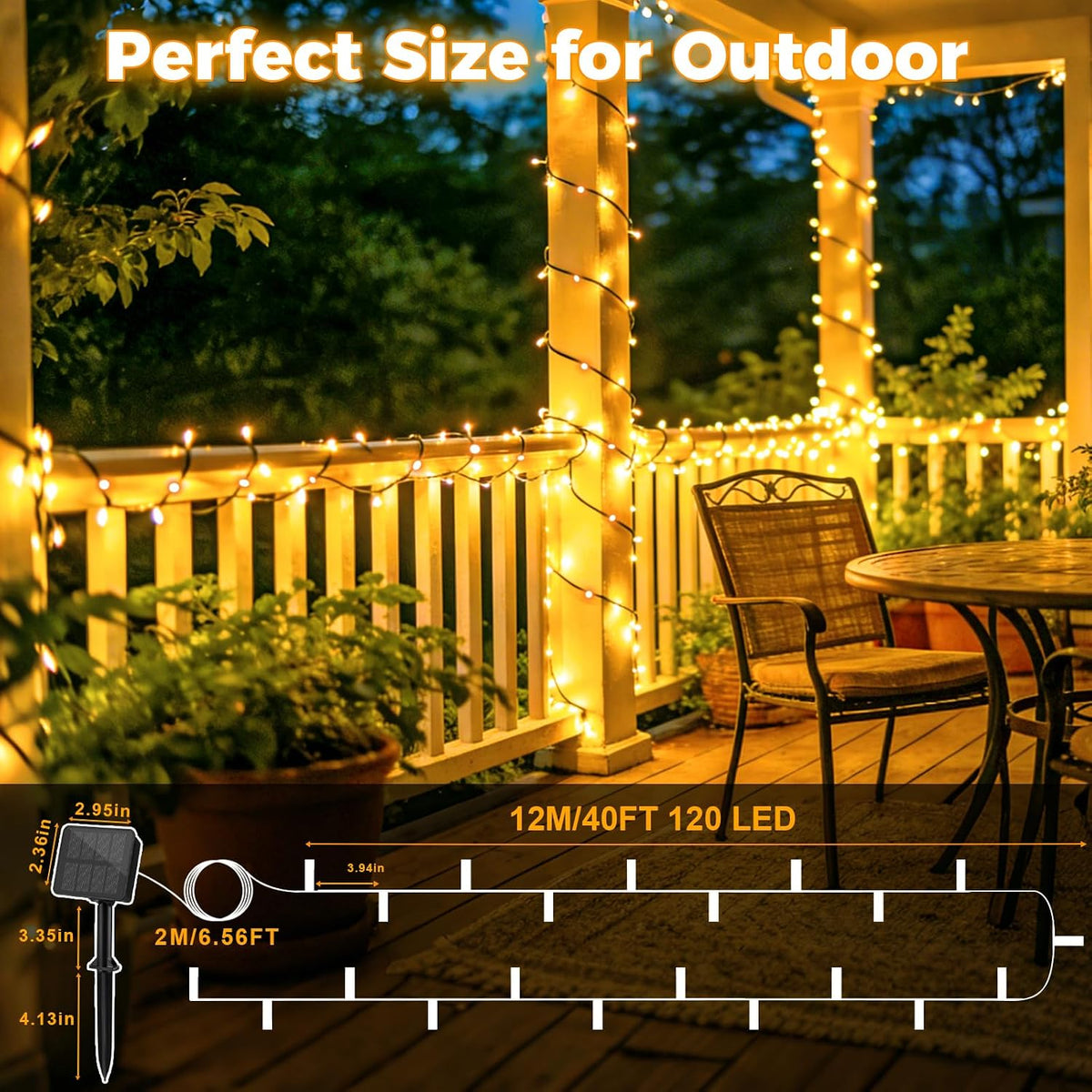 Outdoor Solar Lights Garden, 12M/40FT 120 LED Solar String Lights Waterproof, 8 Modes Solar Powered Fairy Lights for Tree Patio Yard Party Garden Terrace Decorations Warm White