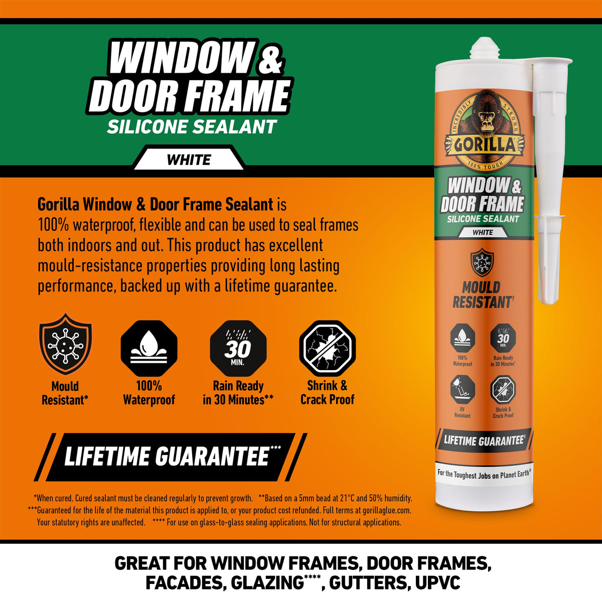 Gorilla Kitchen & Bathroom White Silicone Sealant, 295ml – Mould Resistant, 100% Waterproof Sealant, Shower Ready in 30 Minutes, Shrink & Crack Proof | Use on Showers, Baths, Sinks, Toilets & More