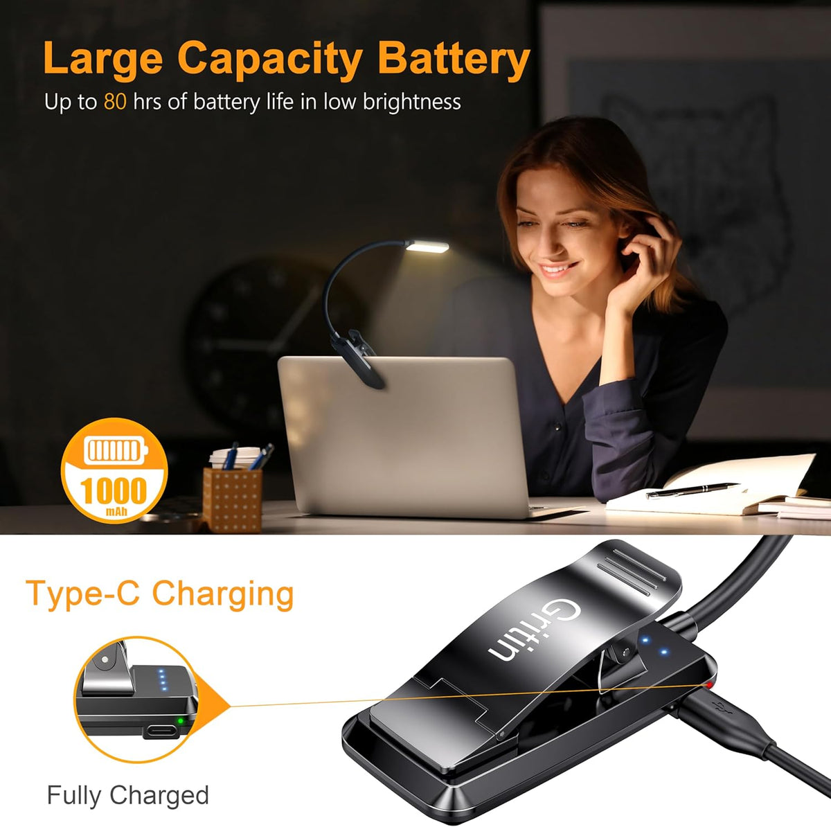 Gritin 9 LED Rechargeable Book Light for Reading in Bed-Stepless Dimming