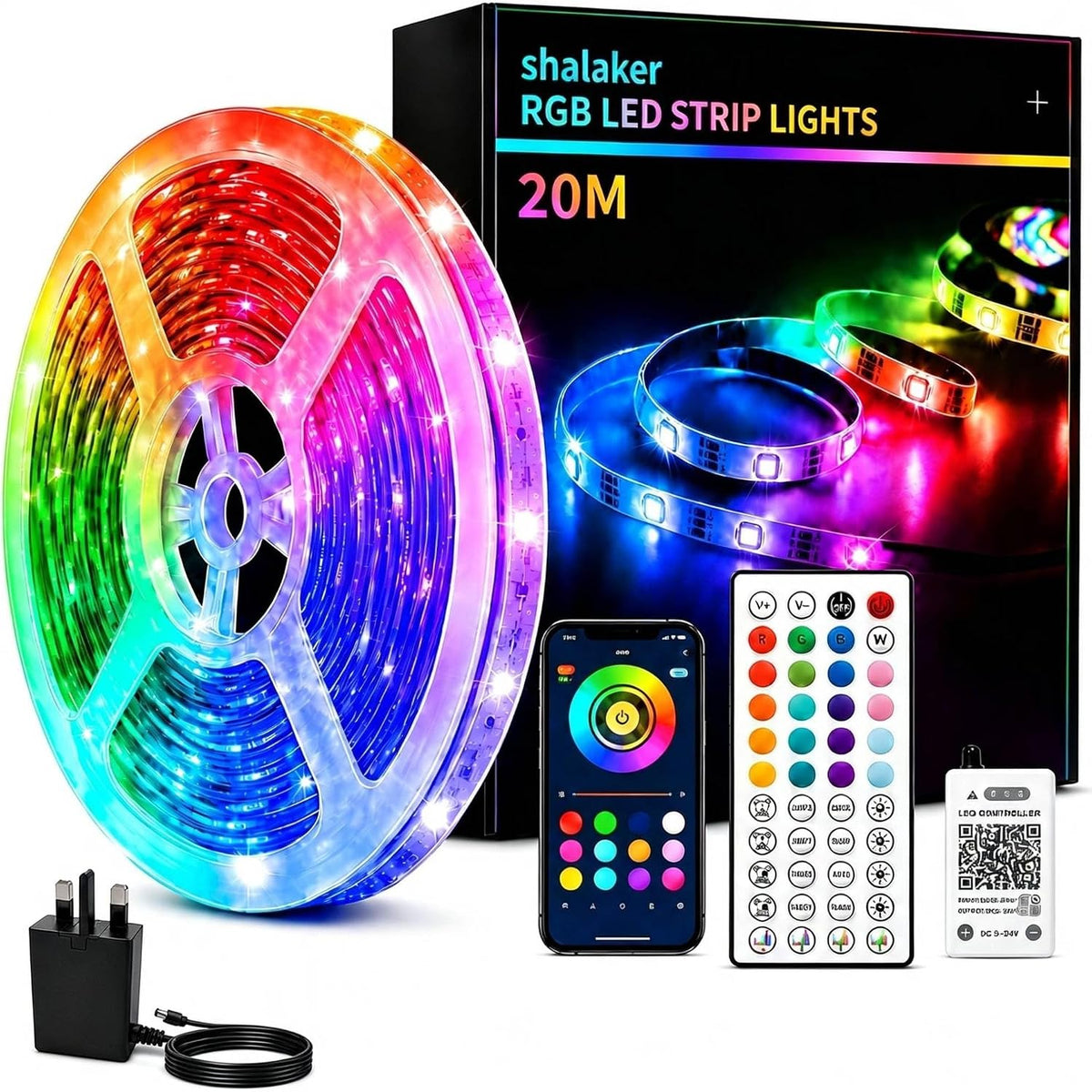 20M RGB LED Strip Lights for Bedroom, Music Sync Colour Changing LED Tape with Bluetooth App & Remote, 16M Colours, Dimmable, Timing Mode, Self-Adhesive for Home Party Kitchen Christmas Decor