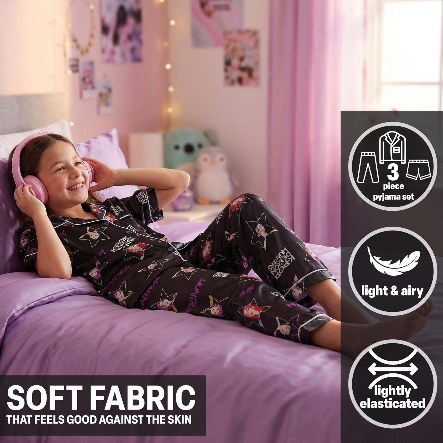 Get Trend KPop Demon Hunters Huntrix Girls Satin Pyjama Set 5-14 Yrs, 3 Pcs Button-Down Shirt, Pj Shorts & Loungewear Bottoms