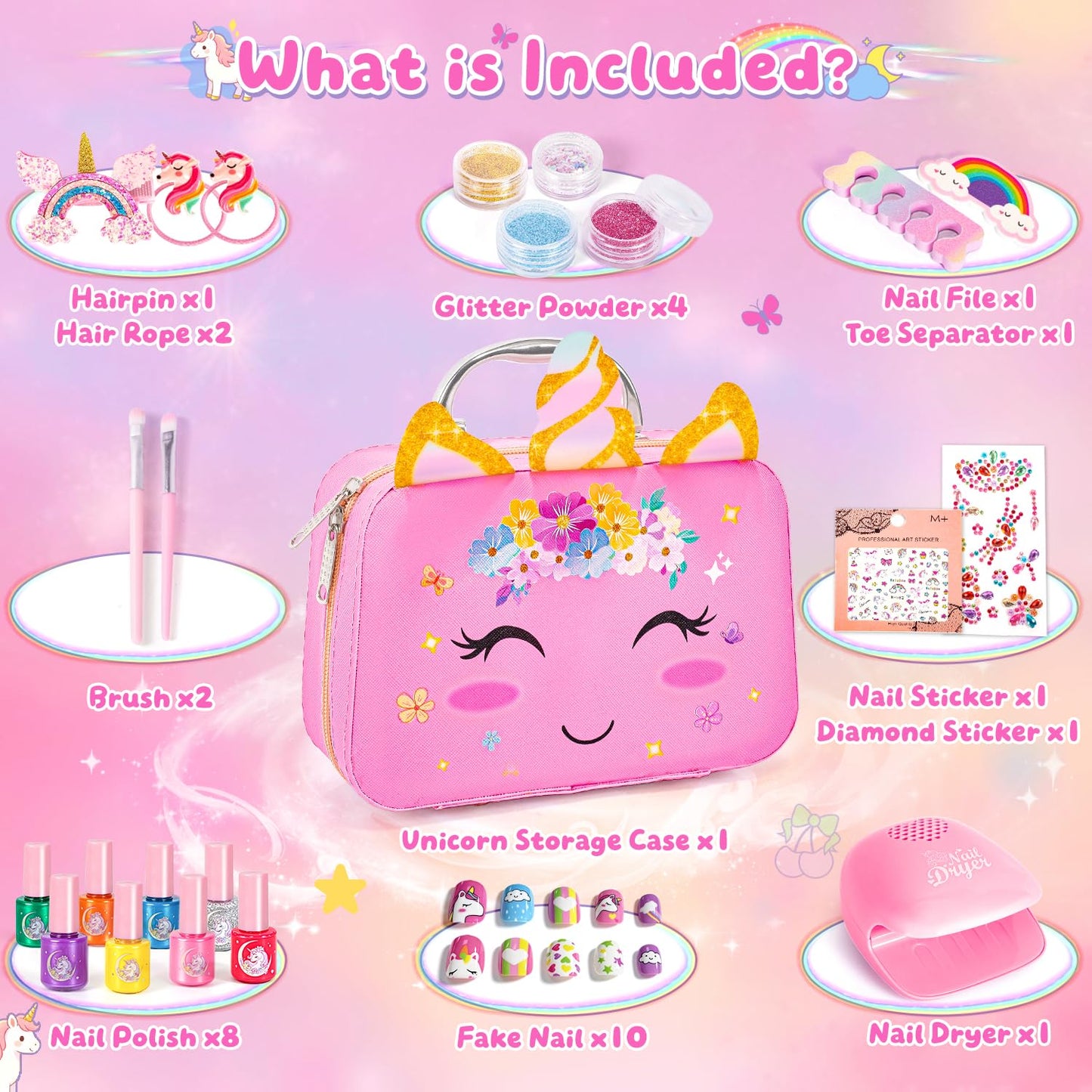 Hohosunlar Girls Makeup Set Kids Toys - Washable Non-toxic Kids Make Up w/ Nail Polish Dryer, Princess Accessories Nail Varnish Set, Christmas Birthday Gift Toys for Girls 3 4 5 6 7 8-12 Years Old