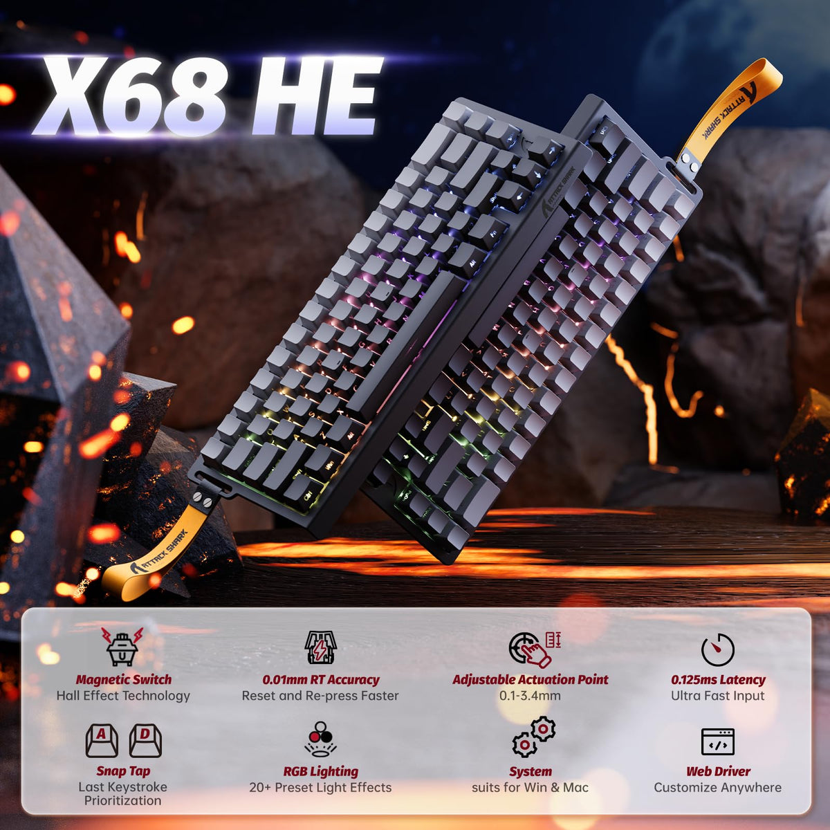 ATTACK SHARK X68 HE 8000Hz Rapid Trigger Keyboard, 0.01mm RT Accuracy Wired Gaming Keyboard with Magnetic Switch, Adjustable Actuation, Rapid Trigger, Snap Tap, RGB Lighting for PC/Mac, Black