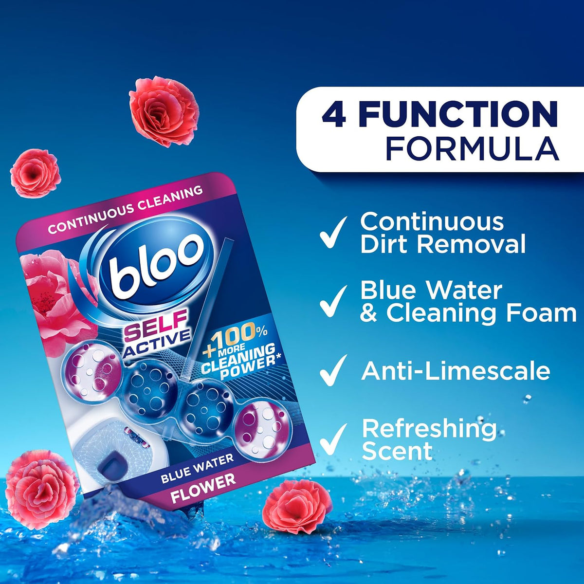 Bloo Self Active Single Toilet Rim Block and Bowl Cleaner with Flower. Hanging Toilet Bowl Cleaner Rim Block with 100% More Cleaning Power.