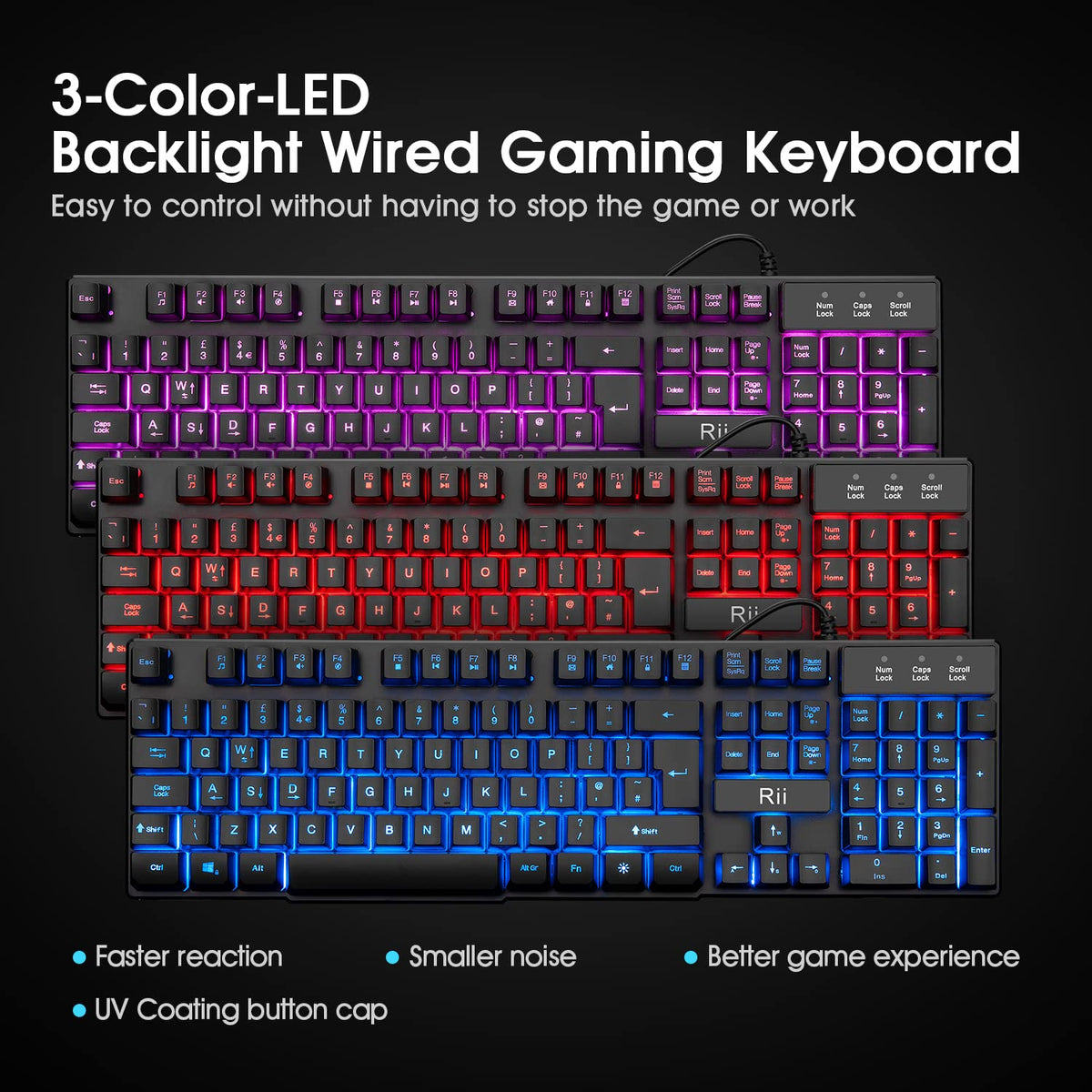 Rii Gaming Keyboard,USB Wired Keyboard with Rainbow LED Backlit Mechanical Feeling for Working Gaming (UK Layout)