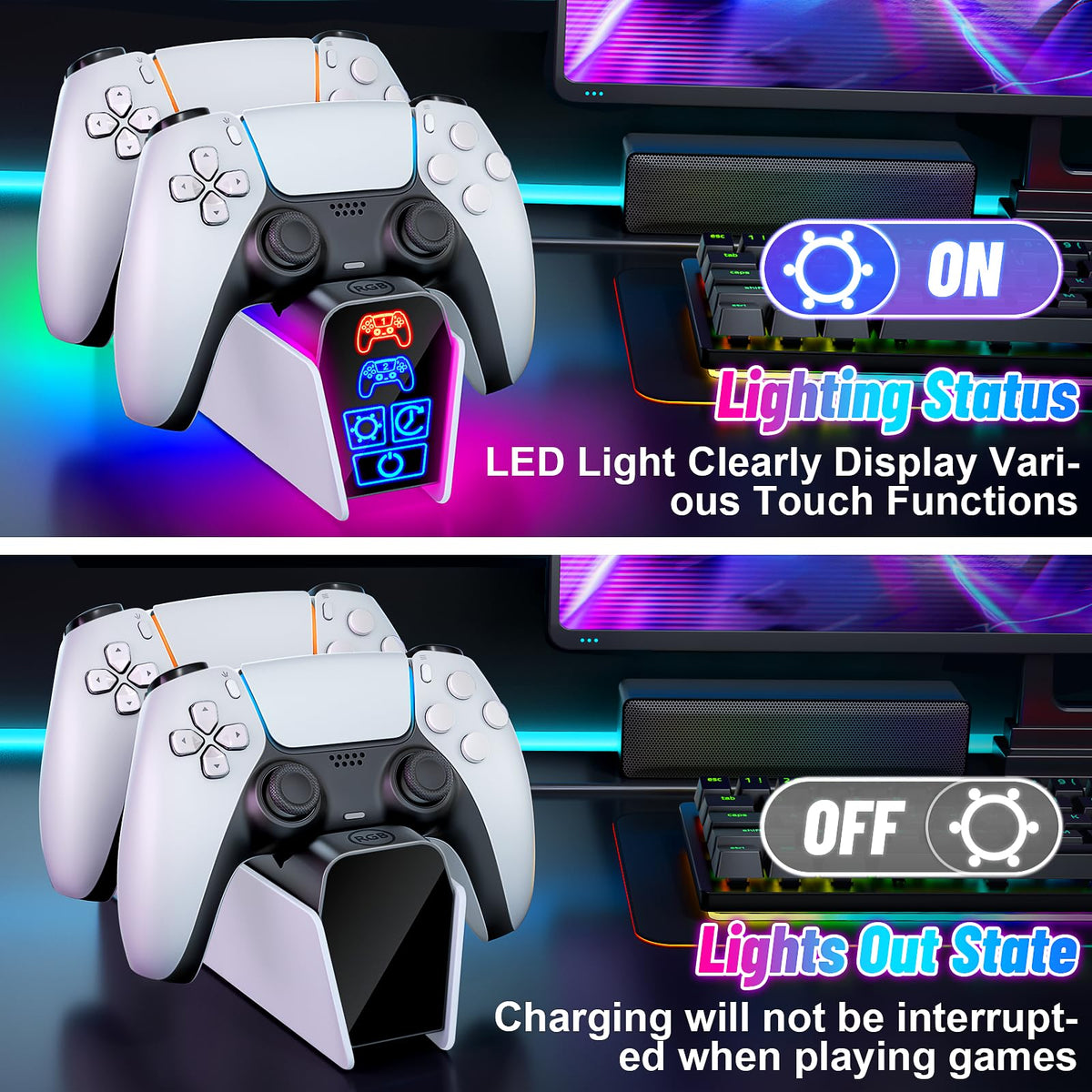Fenolical PS5/Slim/Pro Stand with Adjustable Cooling Fan, Vertical PS5 Cooling Charger Stand for PS5/Slim/Pro, Multifunctional PS5 Slim Cooling Station with Dual Controller Chargers and RGB Light