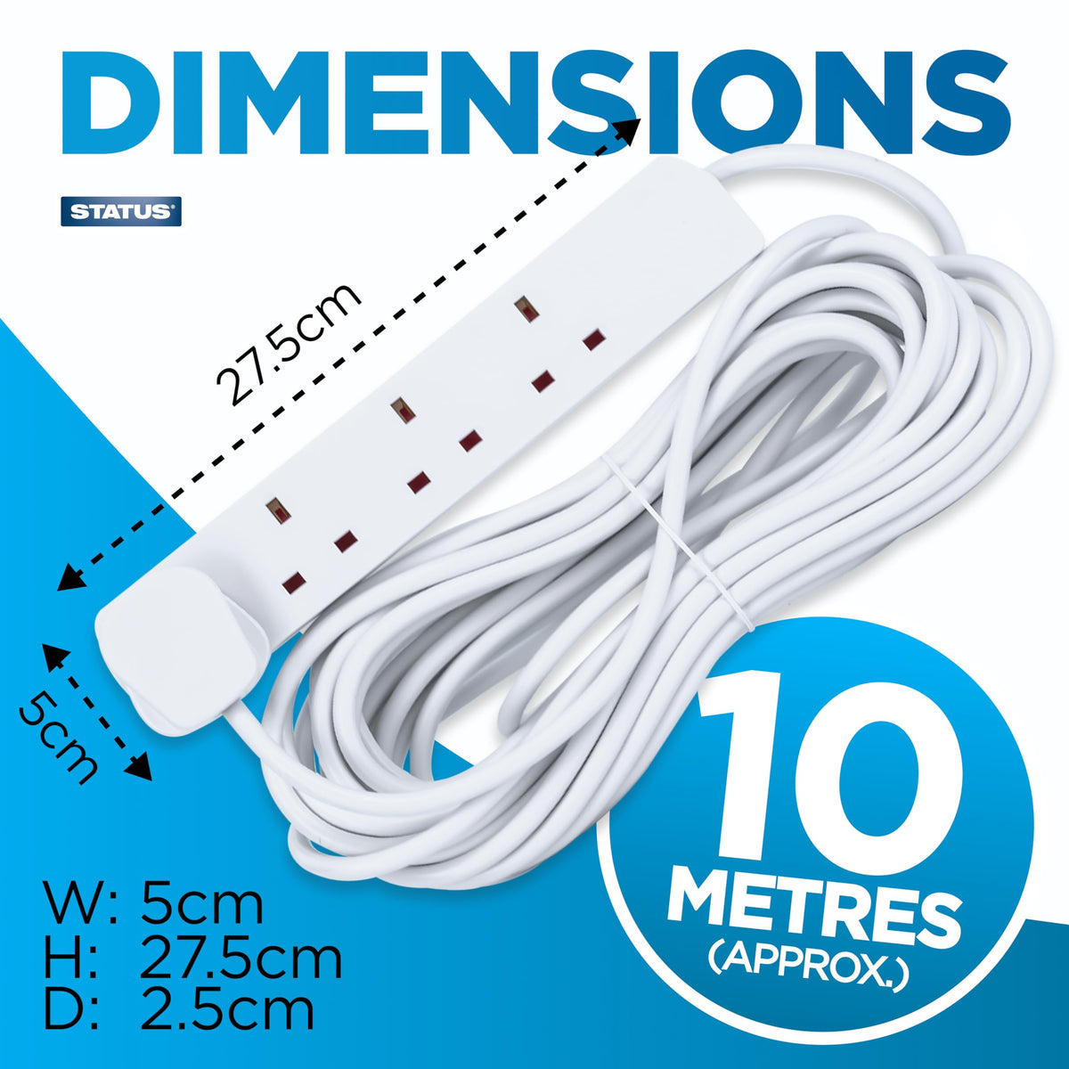 STATUS 6 Socket Extension Lead, 2m Multi-Plug Power Strip for Home, Office or Gaming Set-ups, White (S6W2MS12)