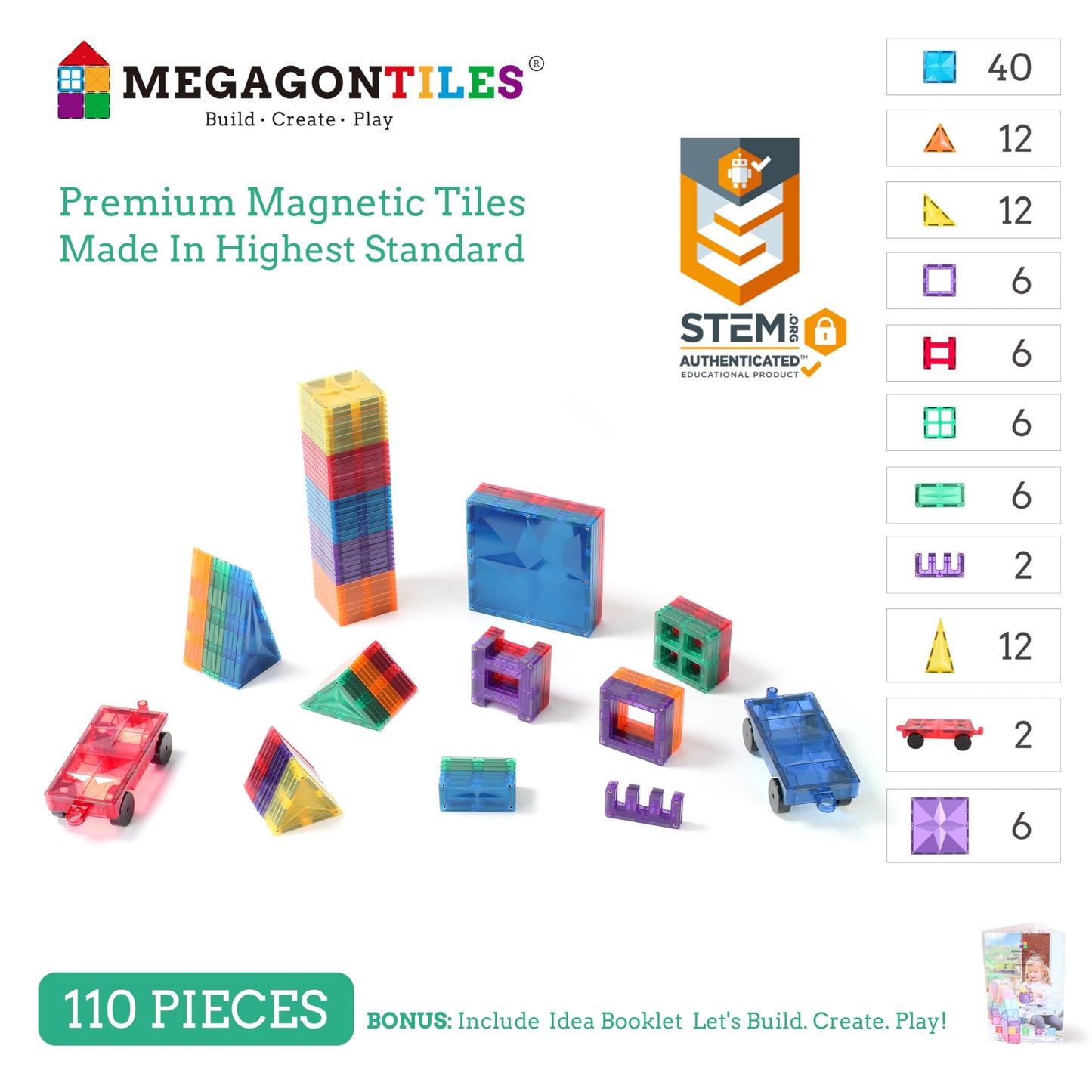 MEGAGONTILES 110PCS Premium Magnetic Tiles Set | STEM-Authenticated Magnetic Building Blocks | Educational Construction Toy for Kids Ages 3–8 (Boys & Girls)