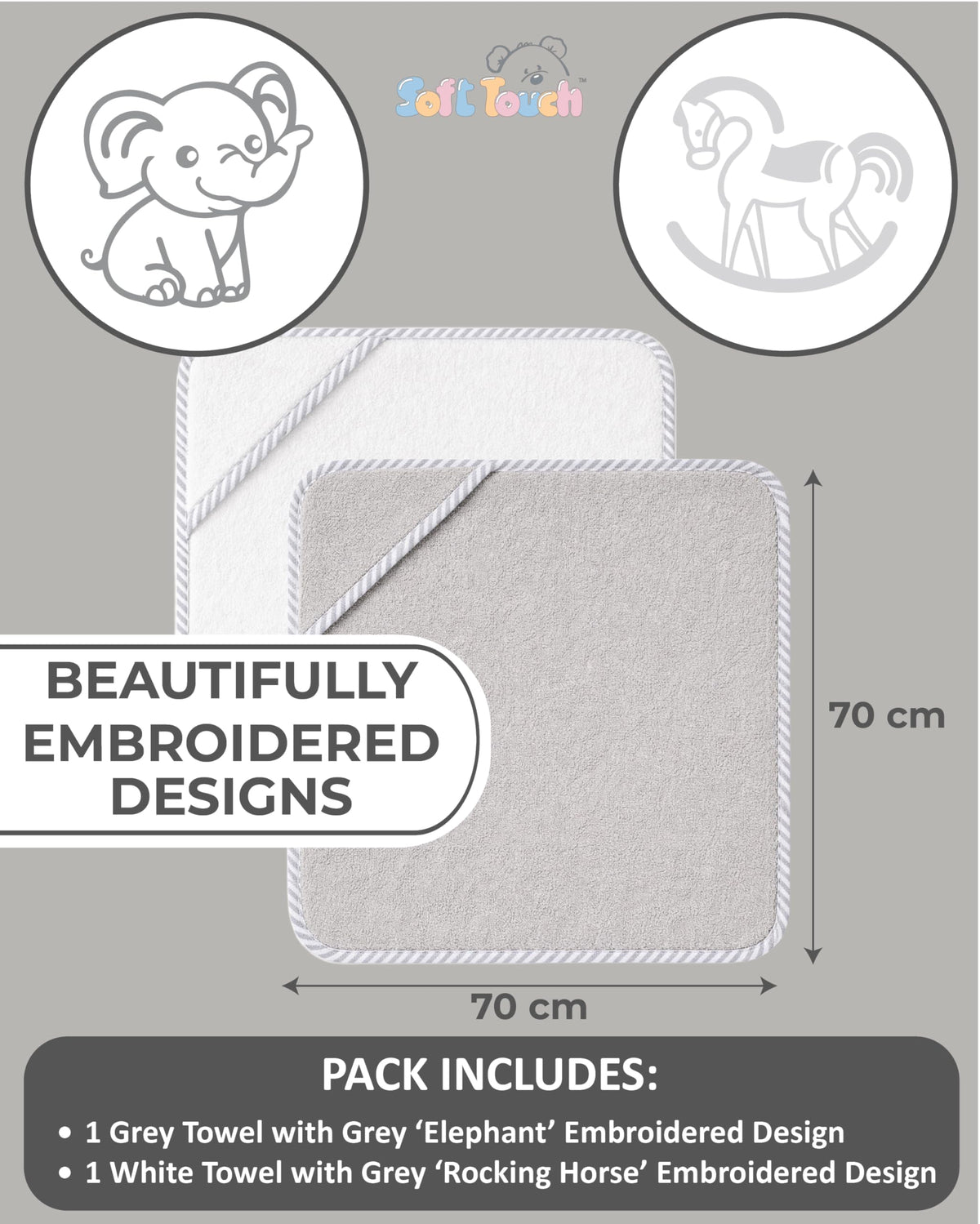 Soft Touch Newborn Essentials 100% Cotton Embroidered Hooded Baby Towel 70 x 70cm for Baby Boys and Girls 0-24 Months (2-Packs)