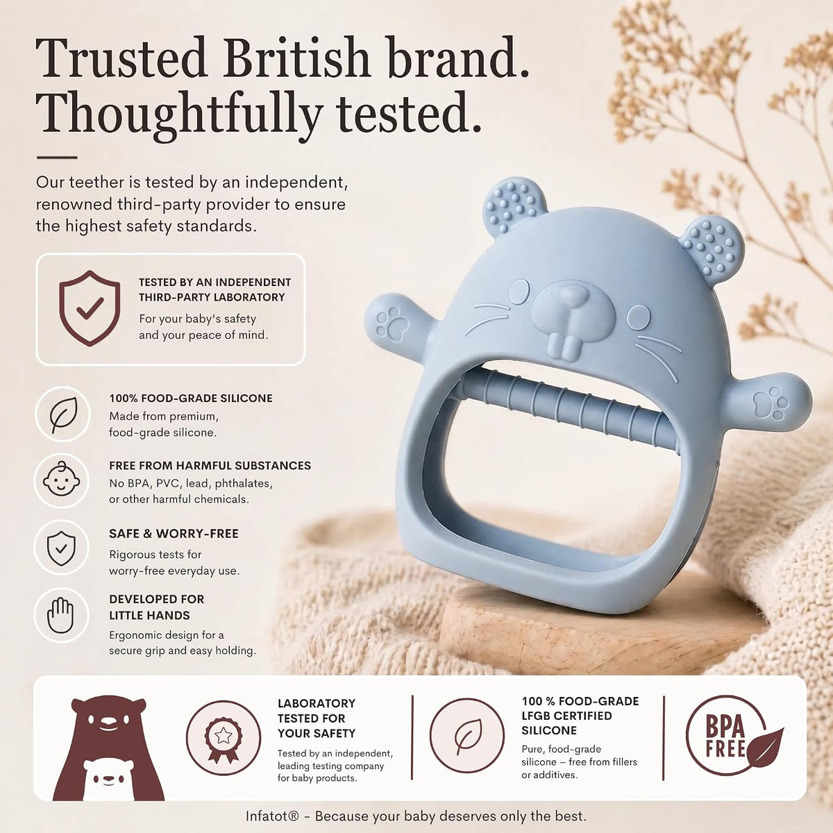 Infatot® Teething Toys for Baby Gifts – Chipmunk Silicone Mitten Teether, Soothing Glove for Infants, Baby Toys 0-6 Months, Soft Chewable Teether Toy to Prevent Finger Sucking, CM Blue.