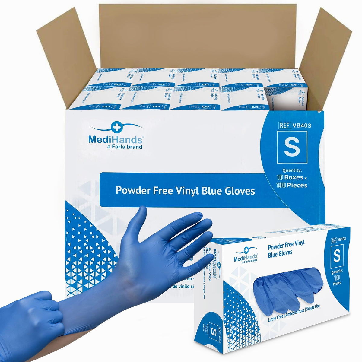 Farla MediHands Blue Medium Vinyl Gloves - Box of 100 Disposable Vinyl Gloves - Medical Gloves - Powder Free, Latex Free, & Protein Free Gloves - Multi-Purpose, Single Use