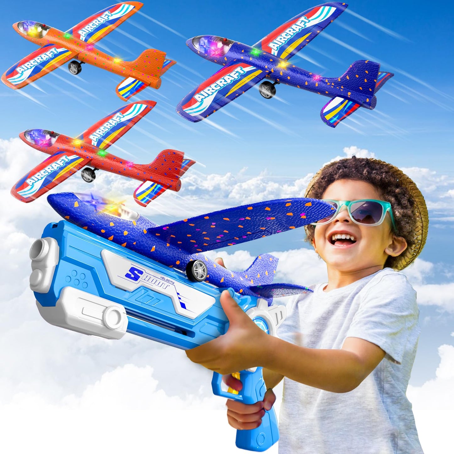 Doloowee Boys Toys for 3 4 5 6 7 8 Years Old, 1 Launcher with 3 Foam Glider Planes, Outdoor Garden Toys Birthday Present Gift for Kids 3 4 5 6 7 8 Year Old