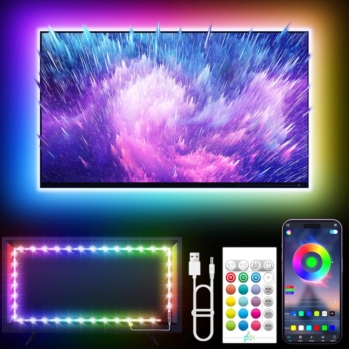 KANTUTOE TV Lights, 4m RGB LED Strip Lights for 32-55 Inch TV, Music Sync Bluetooth APP and Remote Control, USB Powered for Gaming/Bedroom